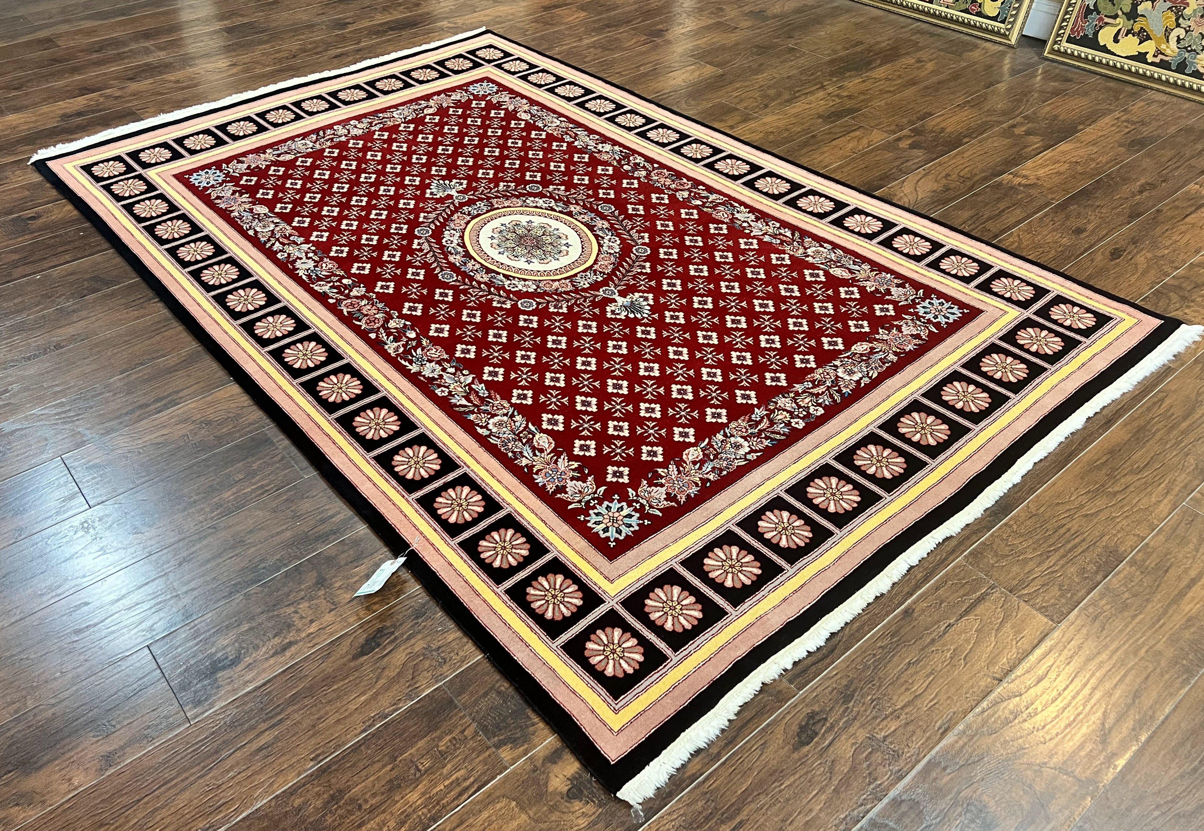 Pakistani Rug 6x9, European Aubusson Design, Wool Handmade Vintage Carpet, Dark Red, 6 x 9 Medium Sized Rug - Jewel Rugs