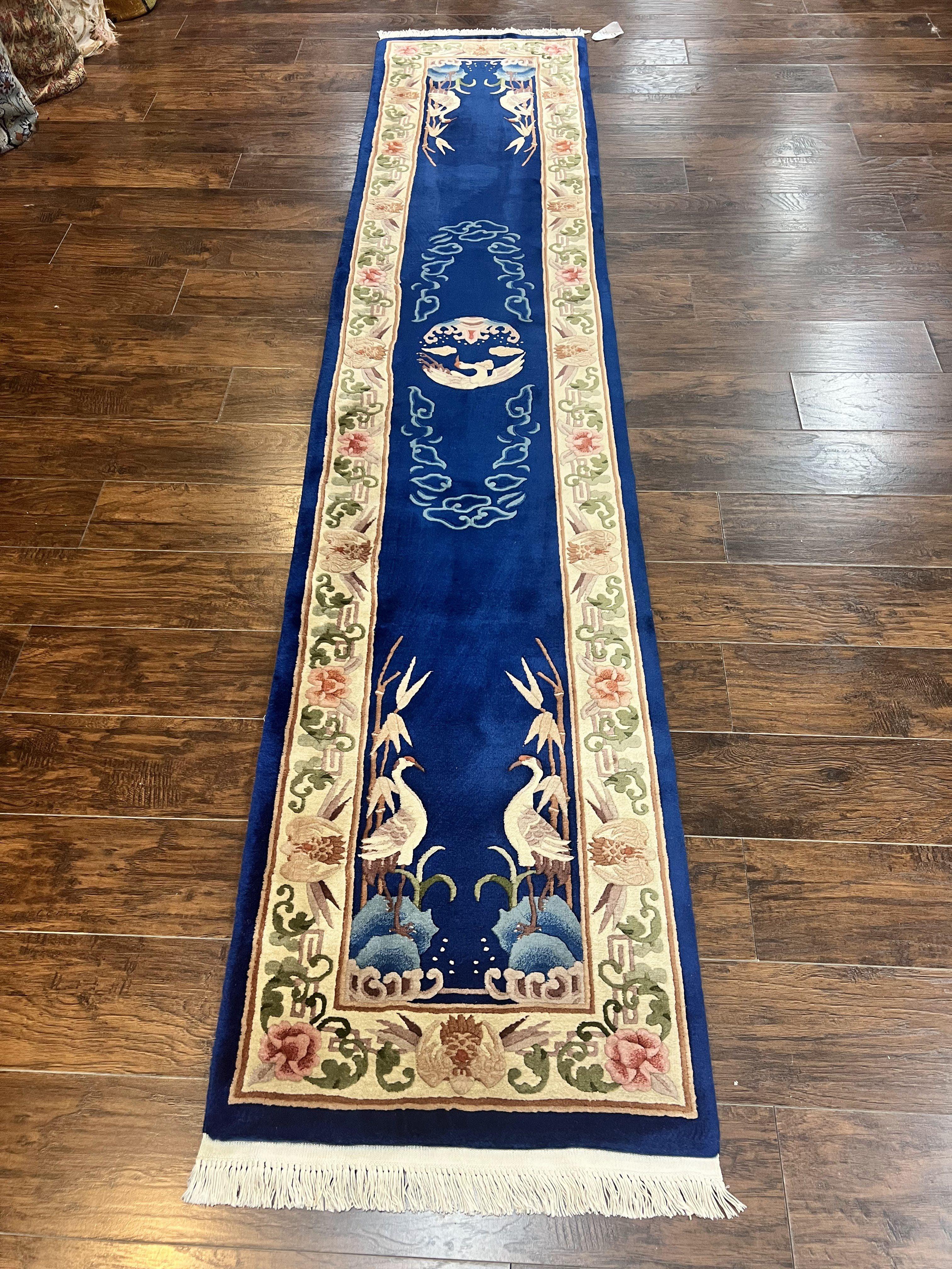 Chinese Wool Runner Rug 2x11, Blue and Beige, Swans, Handmade Vintage Asian Oriental Chinese Carving Rug, Art Deco 2 x 11 ft - Jewel Rugs