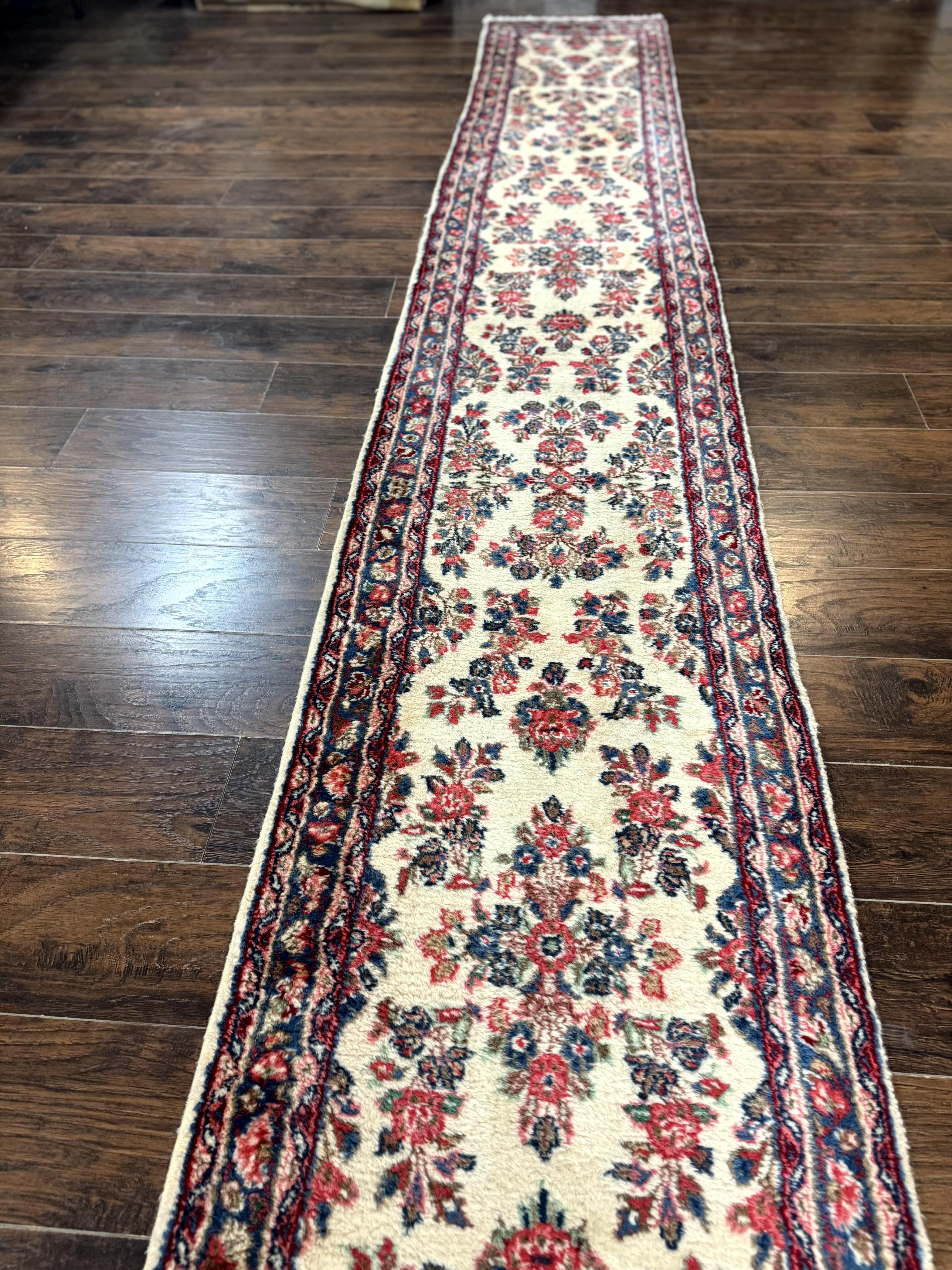 Persian Sarouk Runner Rug 2.4 x 21, Handmade Wool Floral Runner Rug for Hallway, 21ft Runner, Ivory - Jewel Rugs
