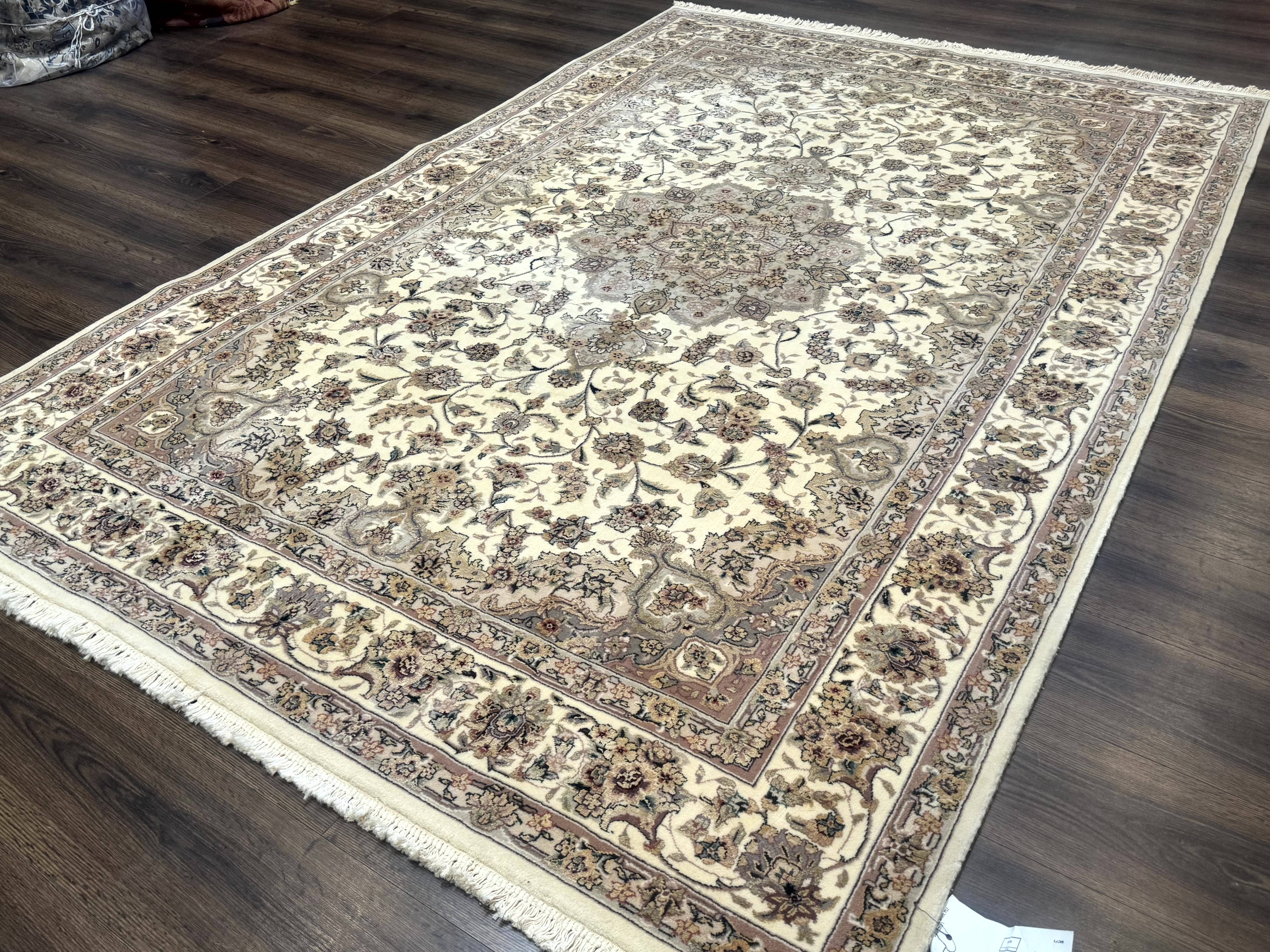 Sino Persian Rug 6x9, Floral Medallion, Ivory & Taupe, Wool with Silk Highlights, Fine 210 KPSI - Jewel Rugs