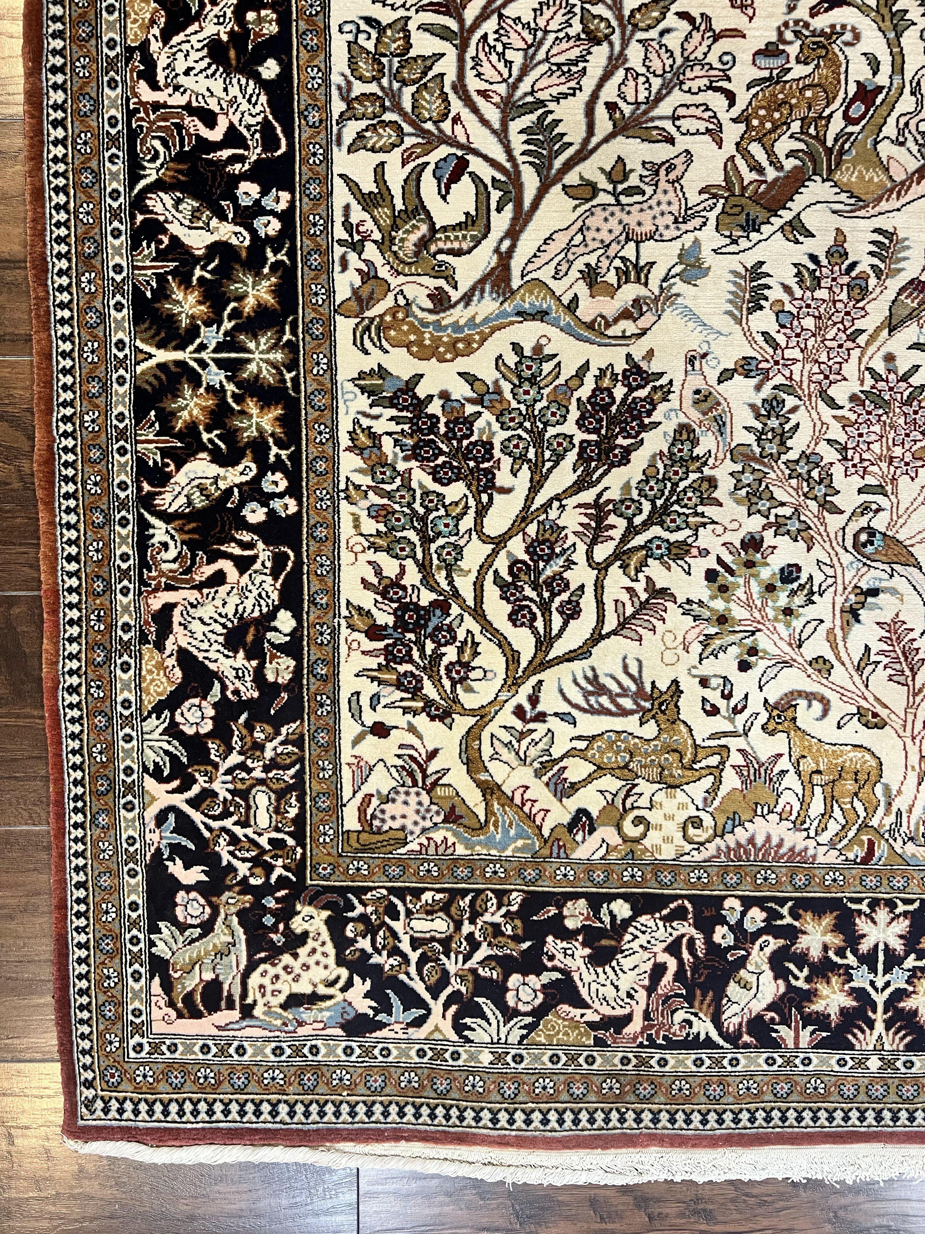 Persian Qum Tree of Life Rug 5x7, Wool and Silk Highlights, Animal Motifs, Vintage Hand Knotted Handmade Cream & Black Fine Oriental Carpet - Jewel Rugs
