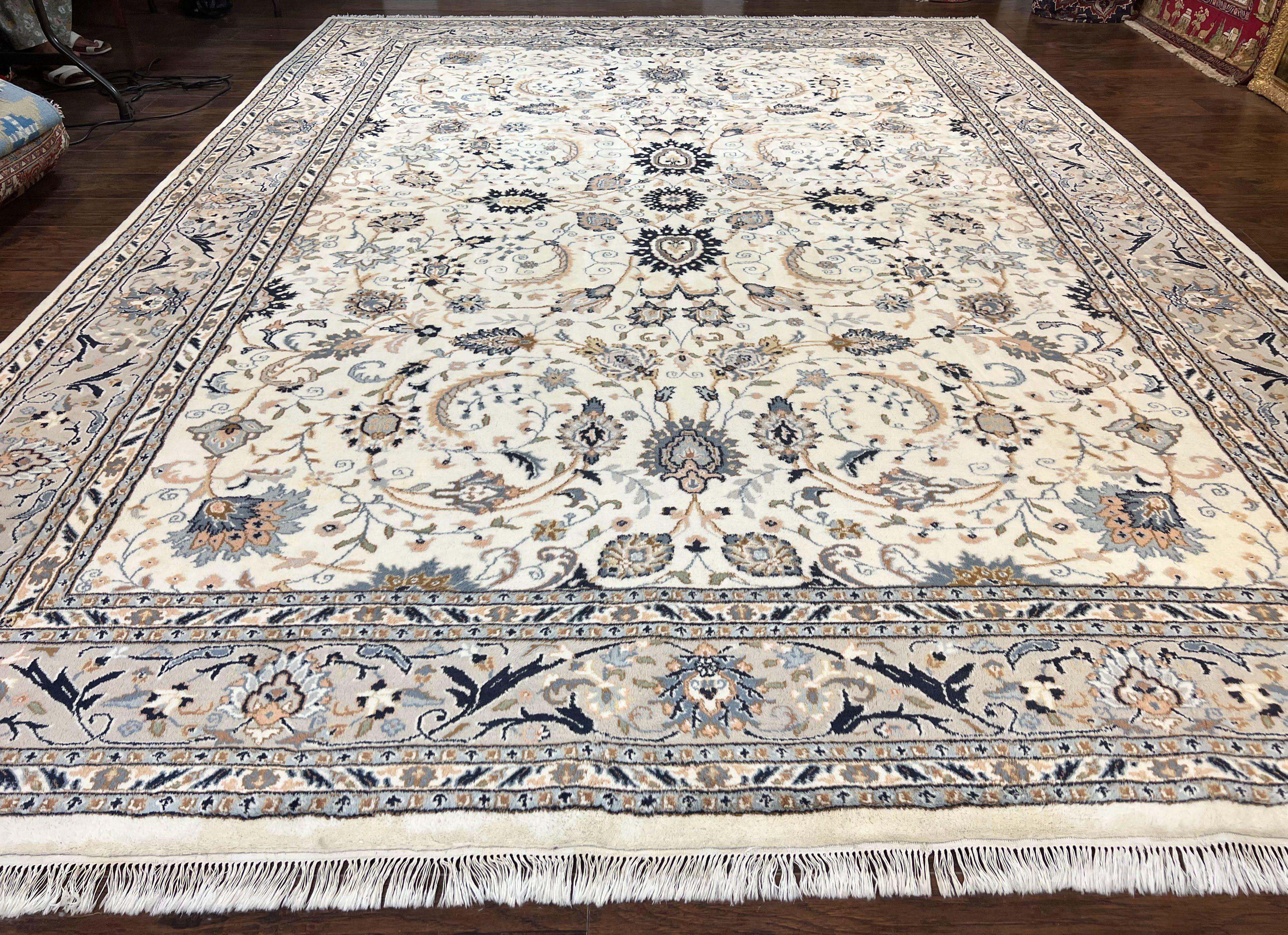 Indo Persian Rug 10x14, Floral Allover, Ivory and Light Gray, Handmade Vintage Wool Large Carpet - Jewel Rugs