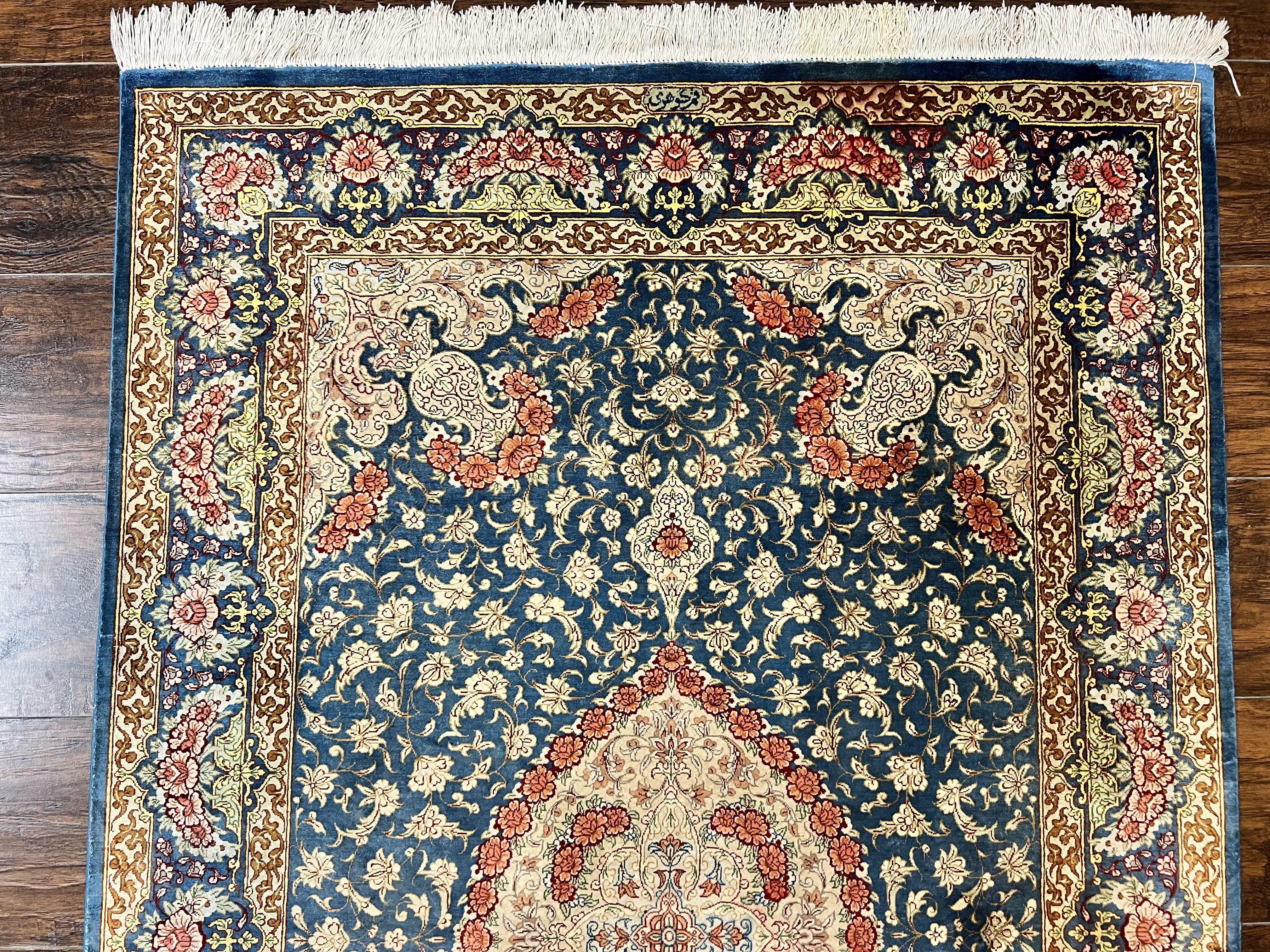 Magnificent Persian Qum Silk Rug 3x5, Blue, Super Fine 675 KPSI - 70 Raj, Floral Roses, Handmade Vintage Silk Carpet, Masterpiece - Jewel Rugs