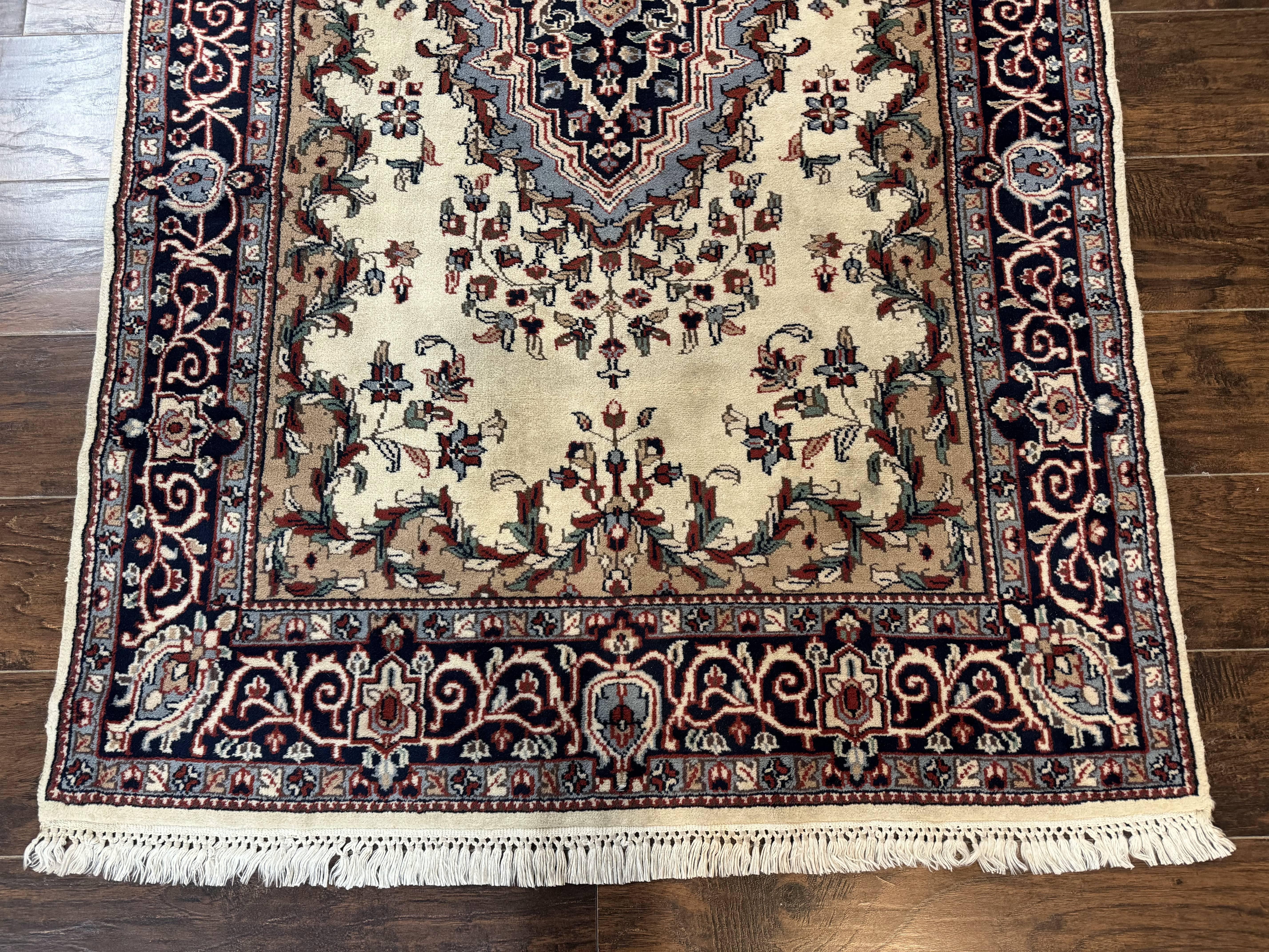 Indian Kashmiri Rug 4x6, Ivory Beige Navy Blue, Traditional Indo Persian Rug - Jewel Rugs
