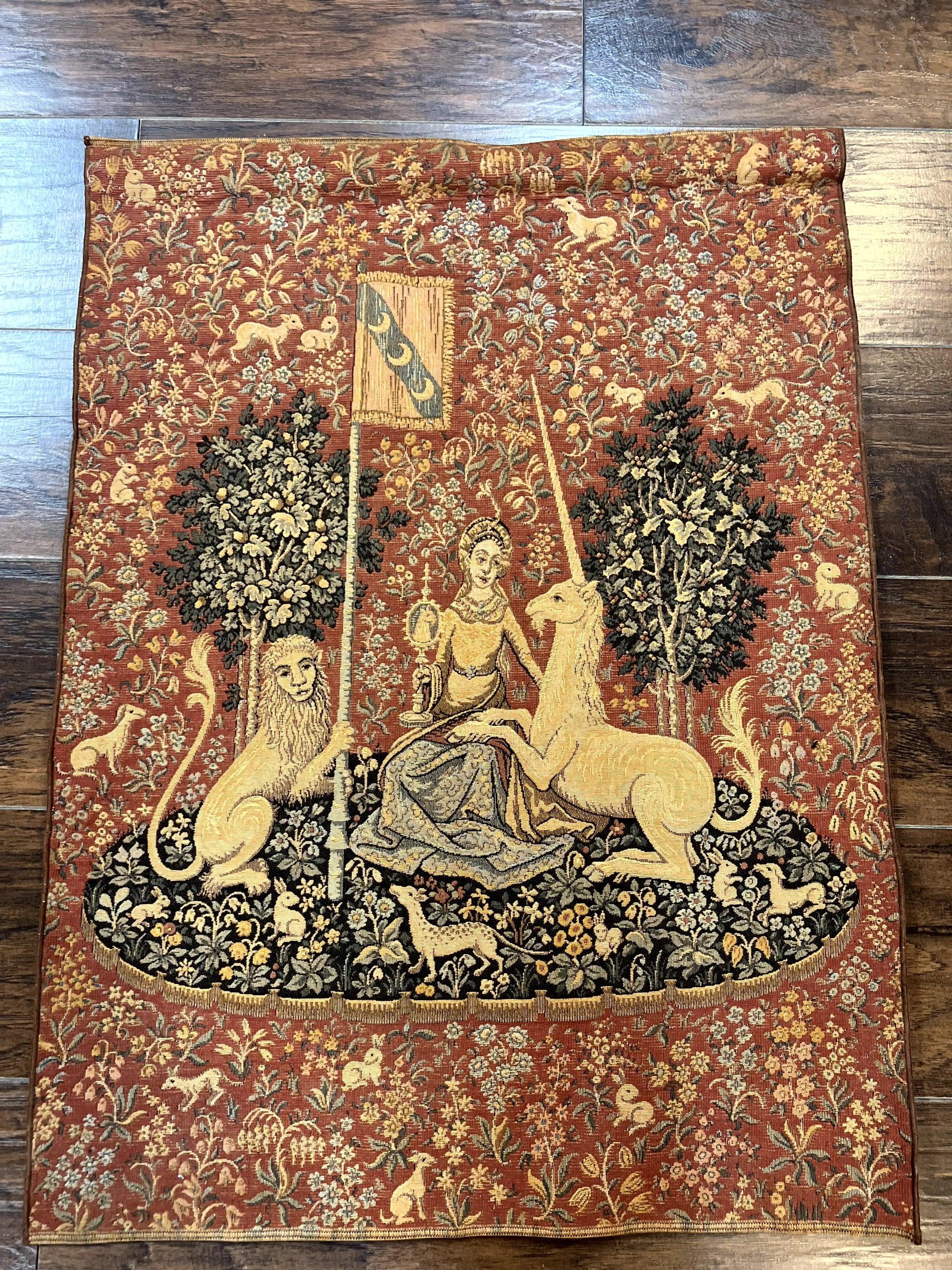 Vintage Tapestry 2x3, Unicorn Lion Animal Motifs, Medieval, Flag - Jewel Rugs