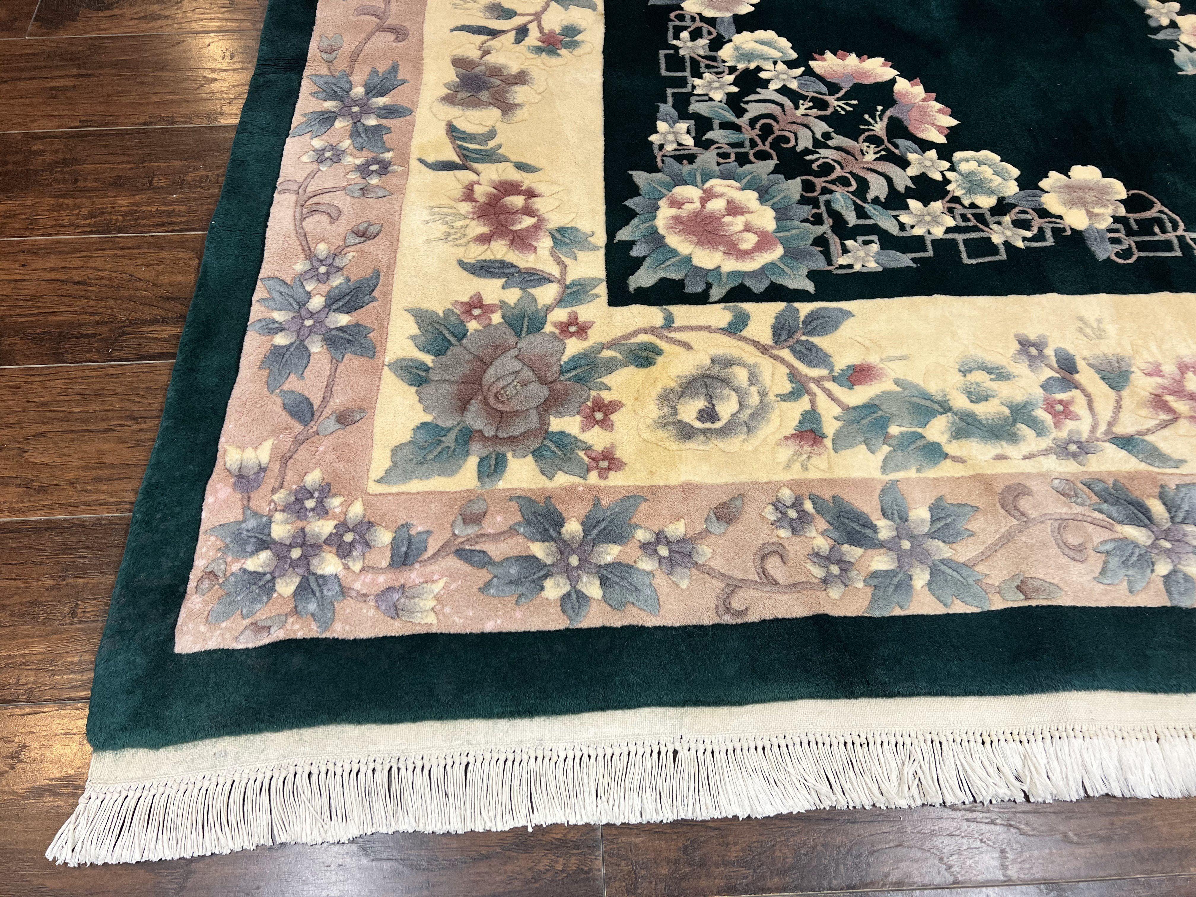 Chinese Art Deco Rug 9x12, Wool Hand Knotted Vintage Carpet, Dark Green & Cream, 90 Line Carving Rug - Jewel Rugs