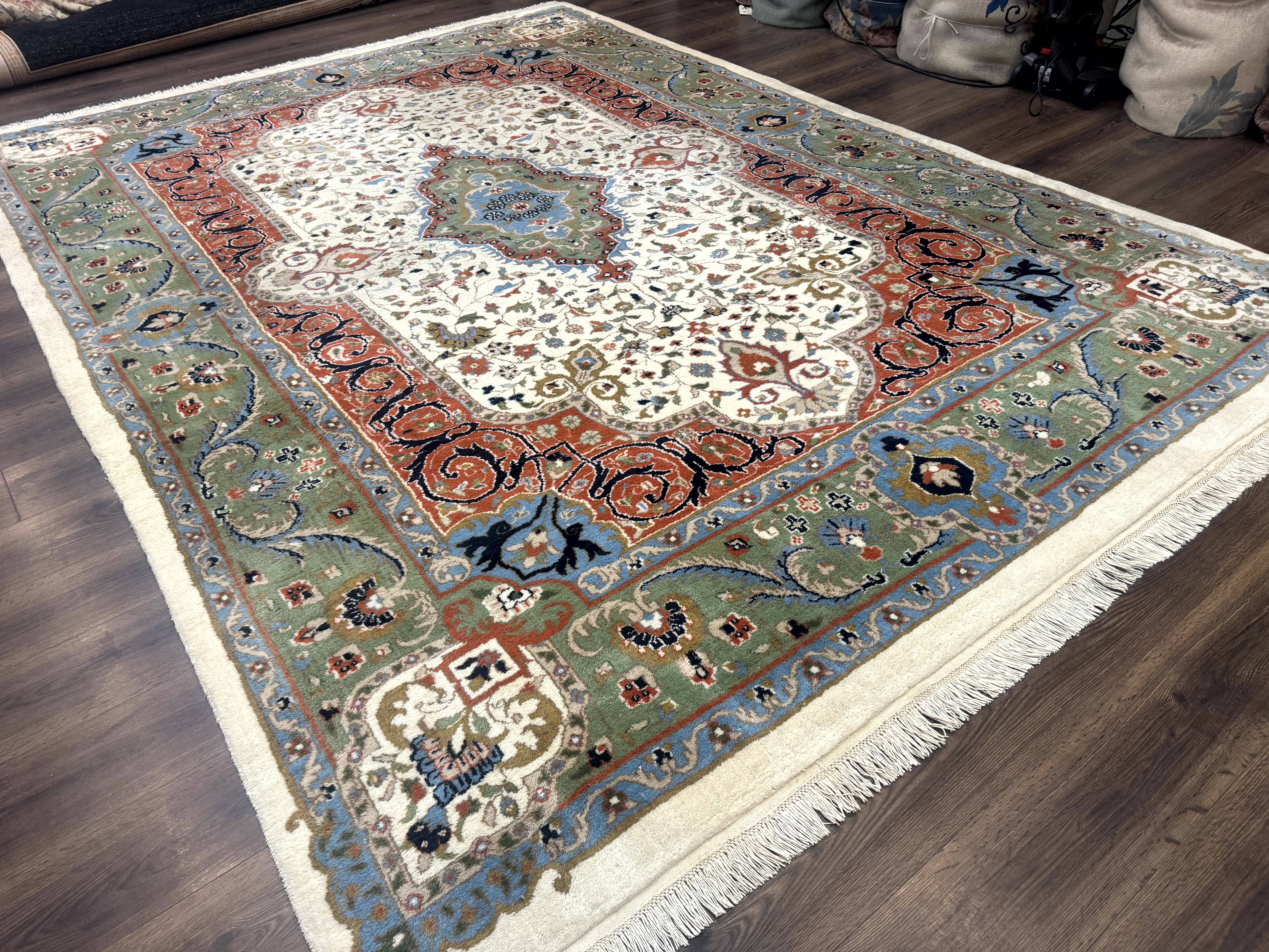 Indo Persian Rug 9x12, Ivory Red Green, Traditional Oriental Carpet - Jewel Rugs