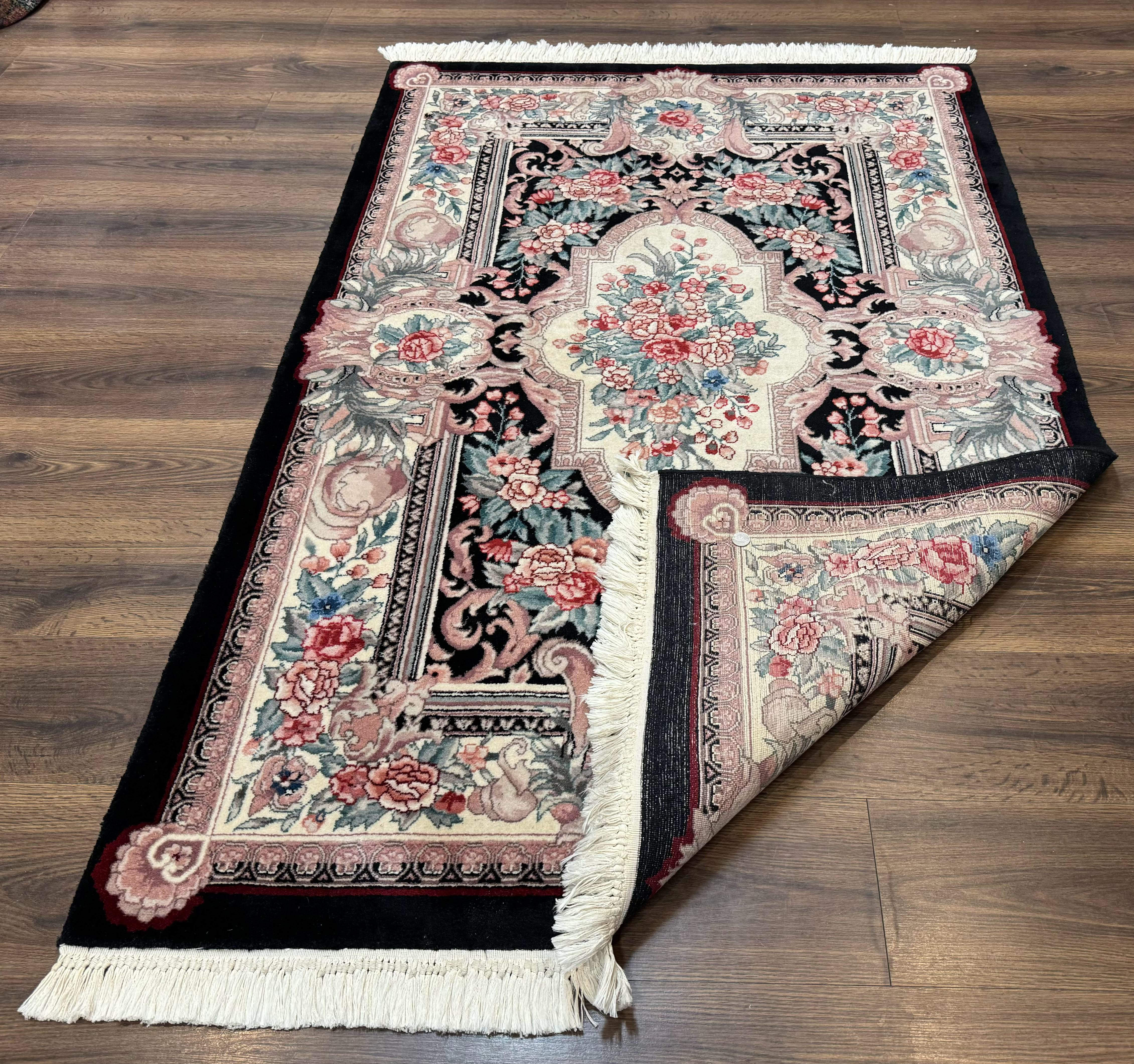 Aubusson Rug 4x6, Elegant European Floral Design, Black and Ivory, Fine 200 KPSI - Jewel Rugs