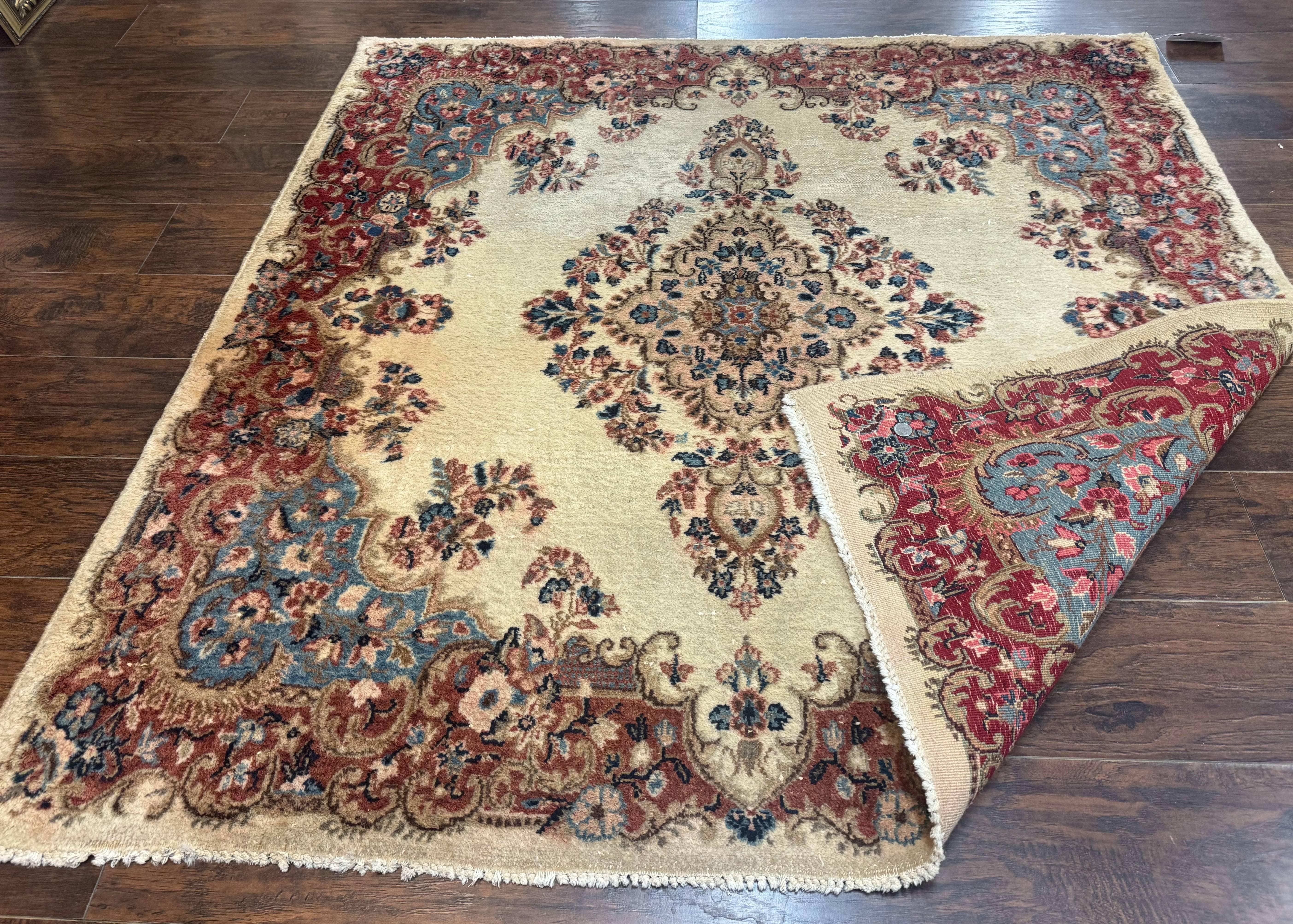 Square Persian Kerman Rug, Beige/Cream and Light Blue, Traditional Persian Rug, 5.5 x 5.5 ft - Jewel Rugs