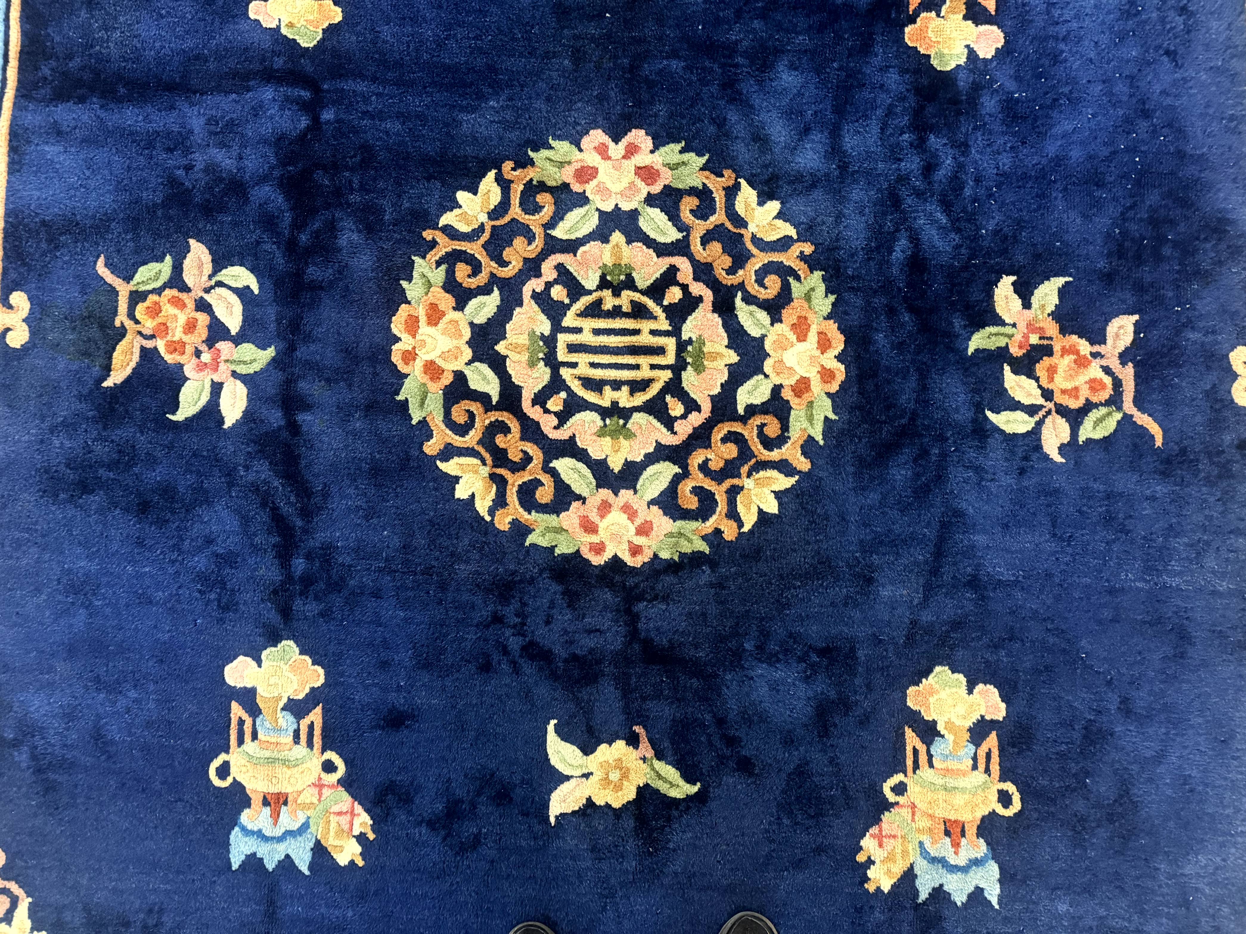 Chinese Wool Rug 8x11, Navy Blue and Beige, Simple Design, Fete Carpet - Jewel Rugs