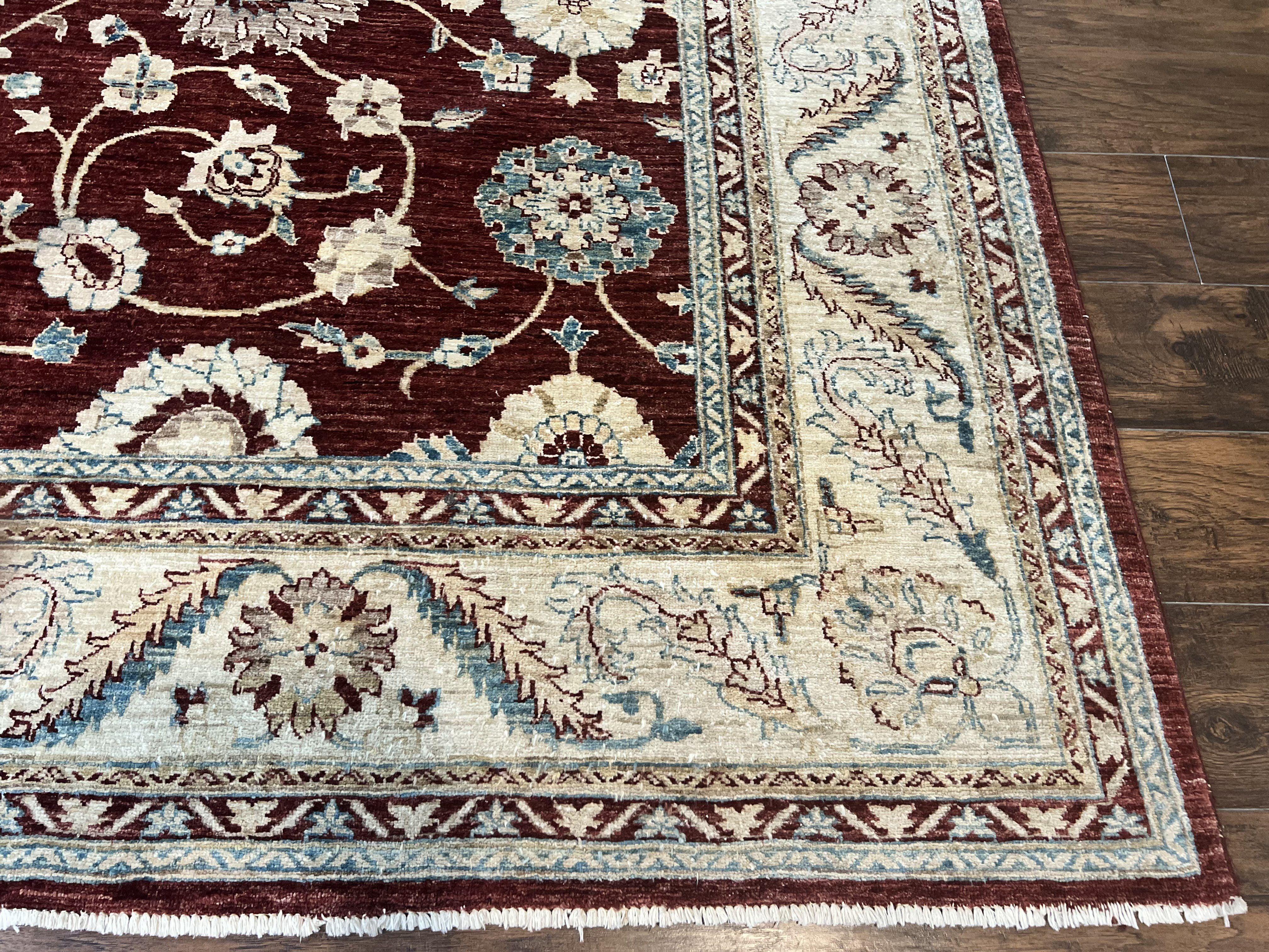 Peshawar Rug 9x11, Pakistani Oriental Carpet, Maroon and Beige, Floral Allover, Wool Hand Knotted Handmade Vintage Rug - Jewel Rugs