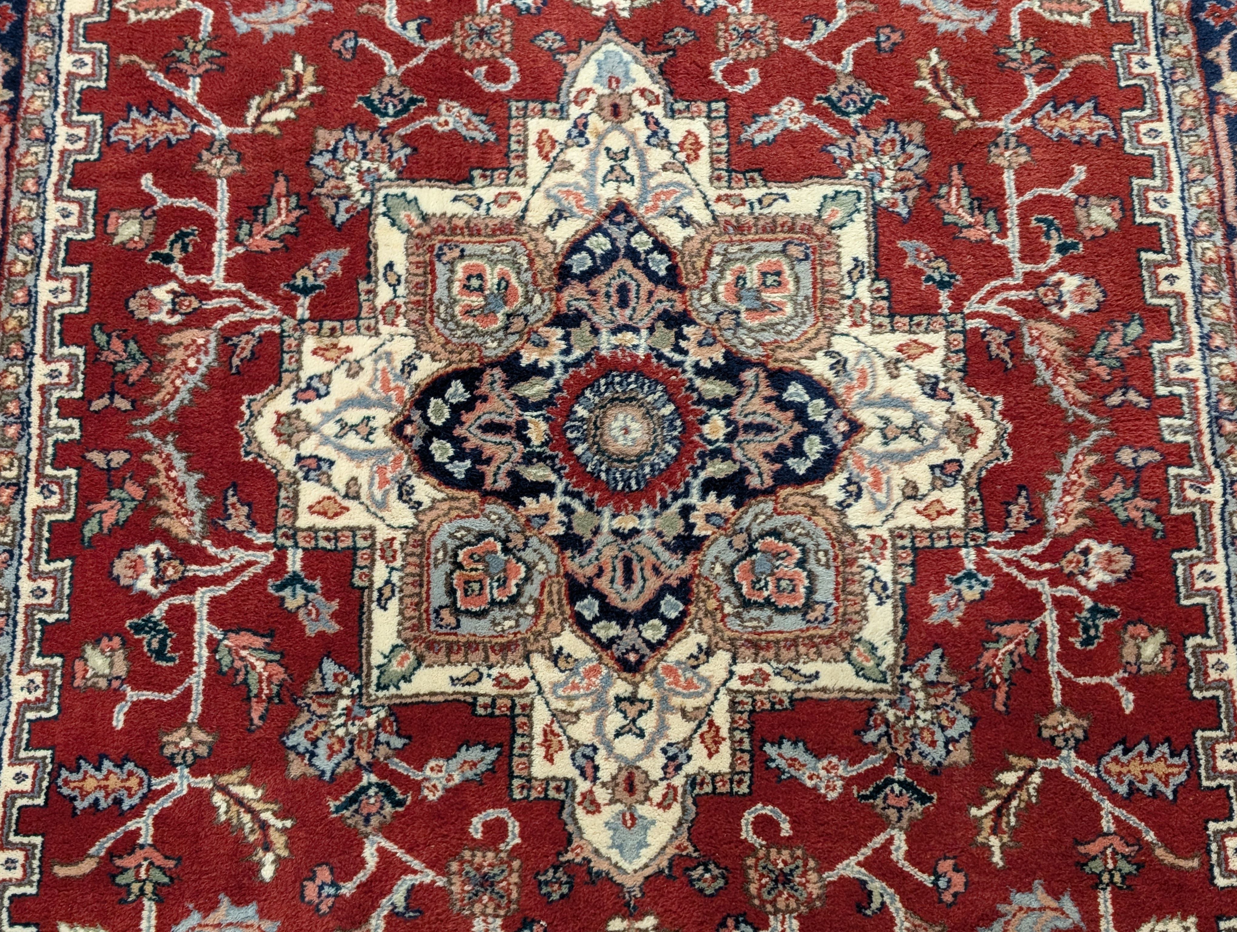 Indo Persian Heriz Rug 4x6, Red and Navy Hand Knotted Traditional Oriental Rug - Jewel Rugs
