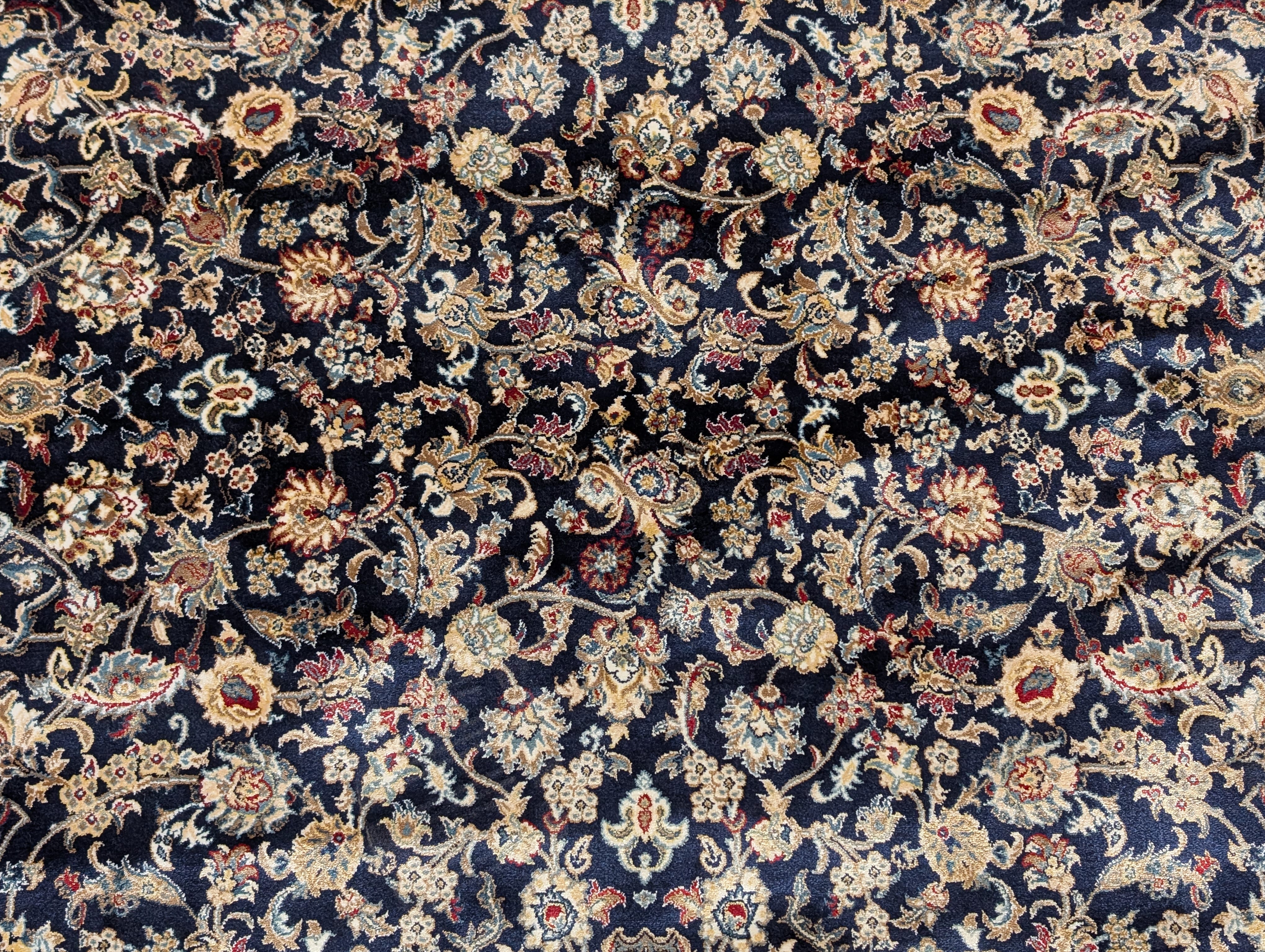 Square Turkish Silk Rug 5x5, Navy Blue and Ivory, Floral, Fine, Detailed, New, Bamboo Silk - Jewel Rugs