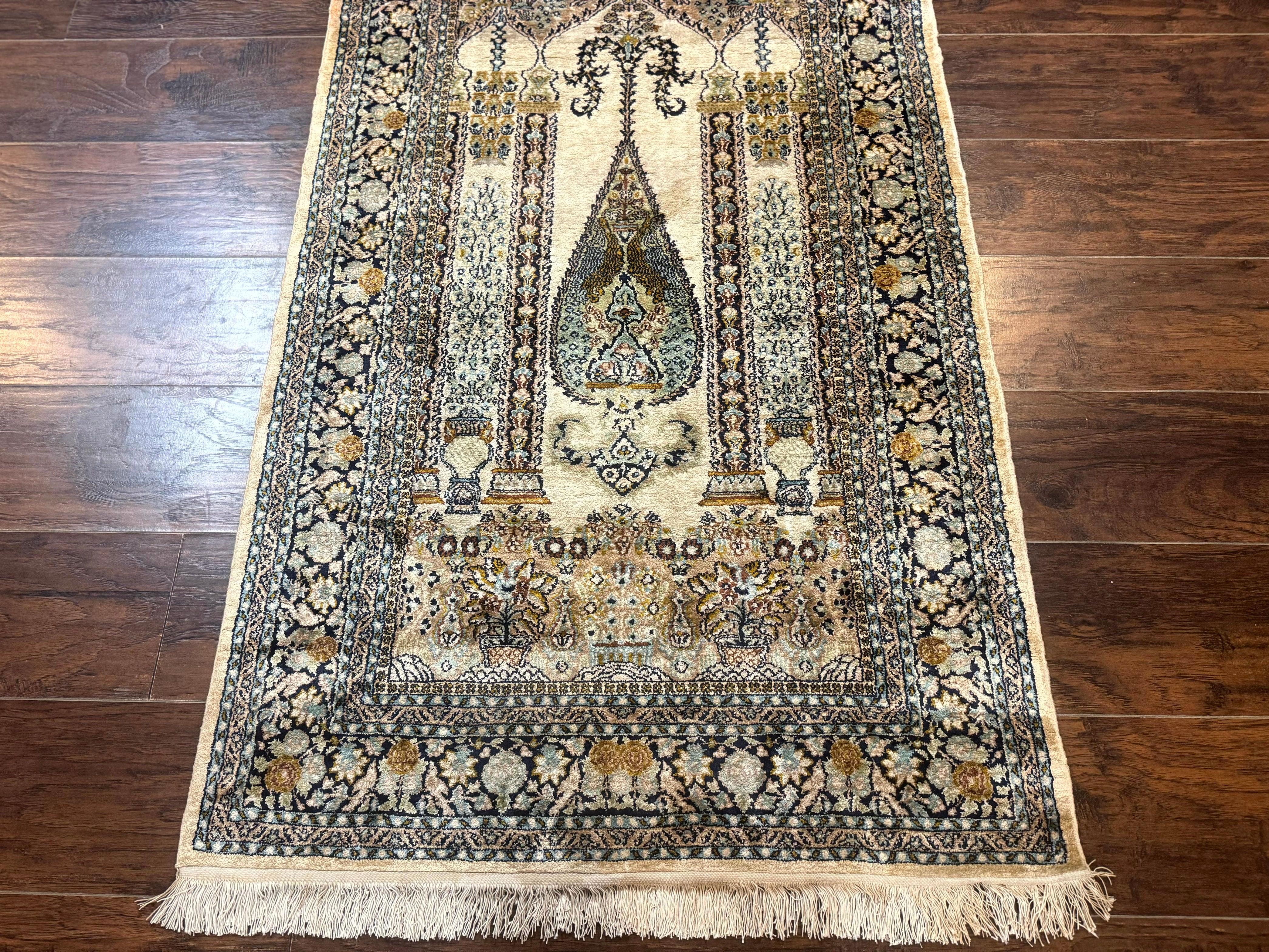 Silk Indian Kashmiri Rug 3x4, Very Fine 400 KPSI, Silk Prayer Rug, Handmade - Jewel Rugs