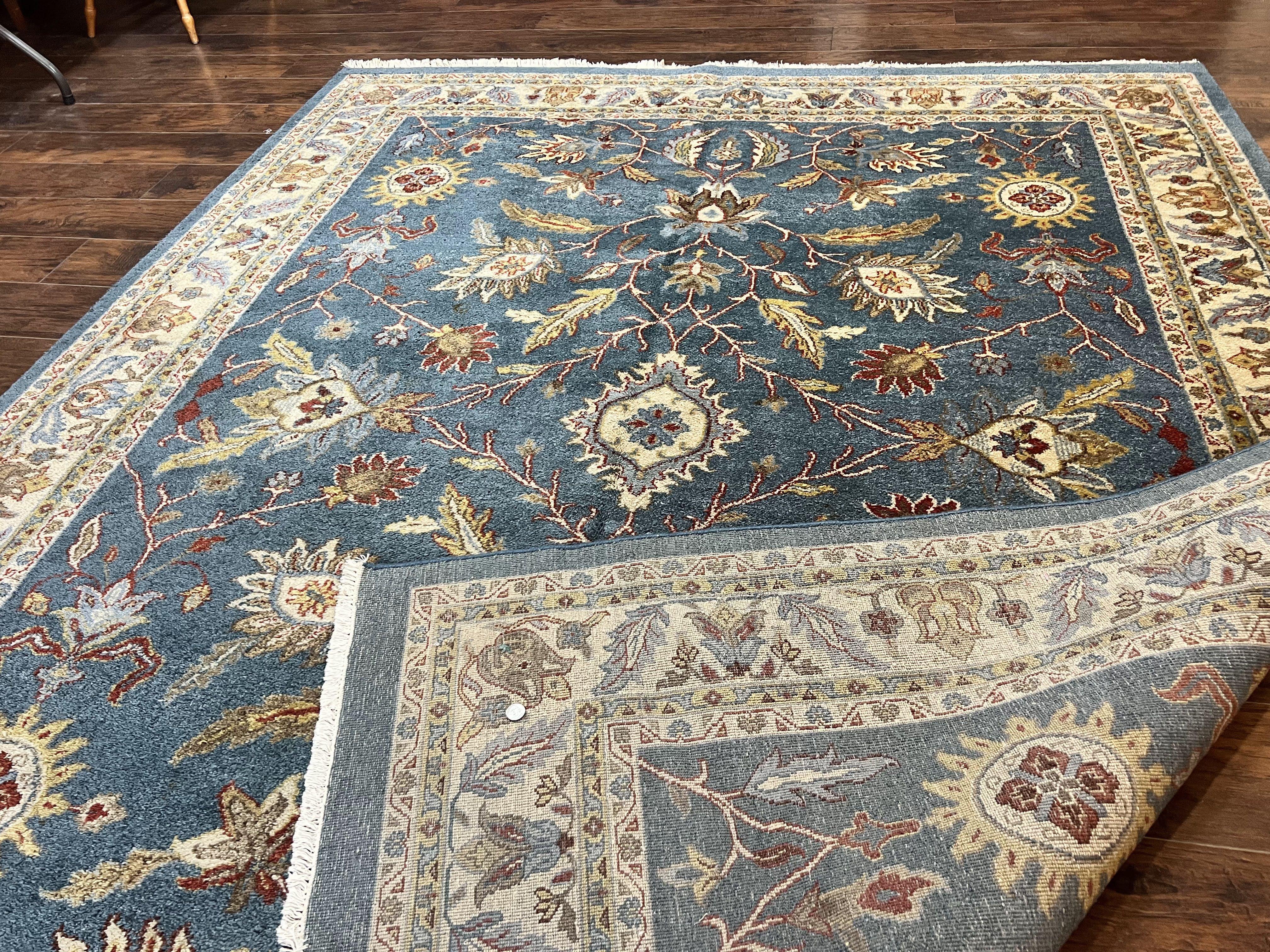 Indo Persian Rug 8x10, Blue Oriental Carpet, Floral, Handmade Vintage Wool Rug - Jewel Rugs