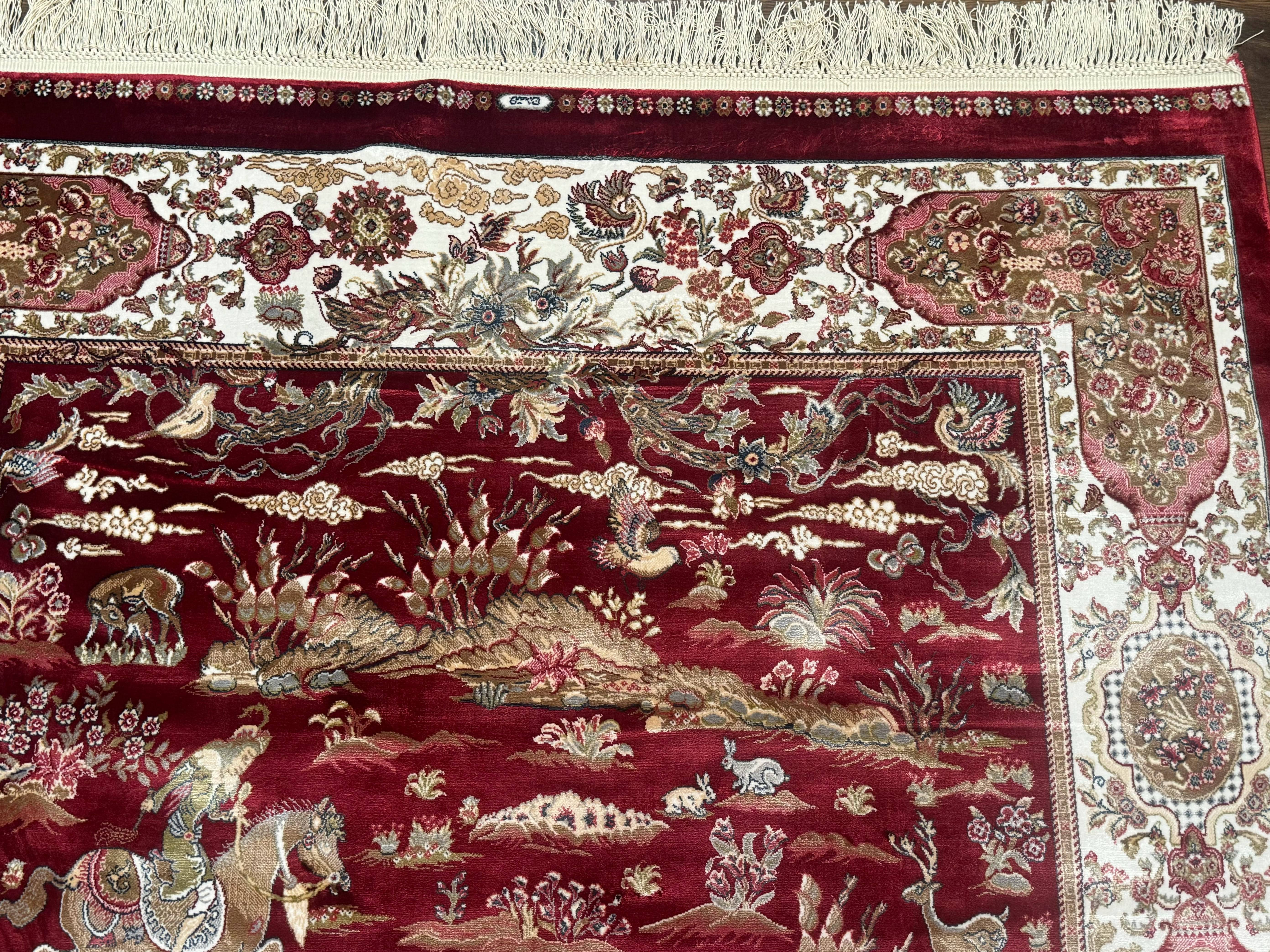 Turkish Silk Hunting Design Rug 4x6, Dark Red & Ivory, Bamboo Silk, New - Jewel Rugs