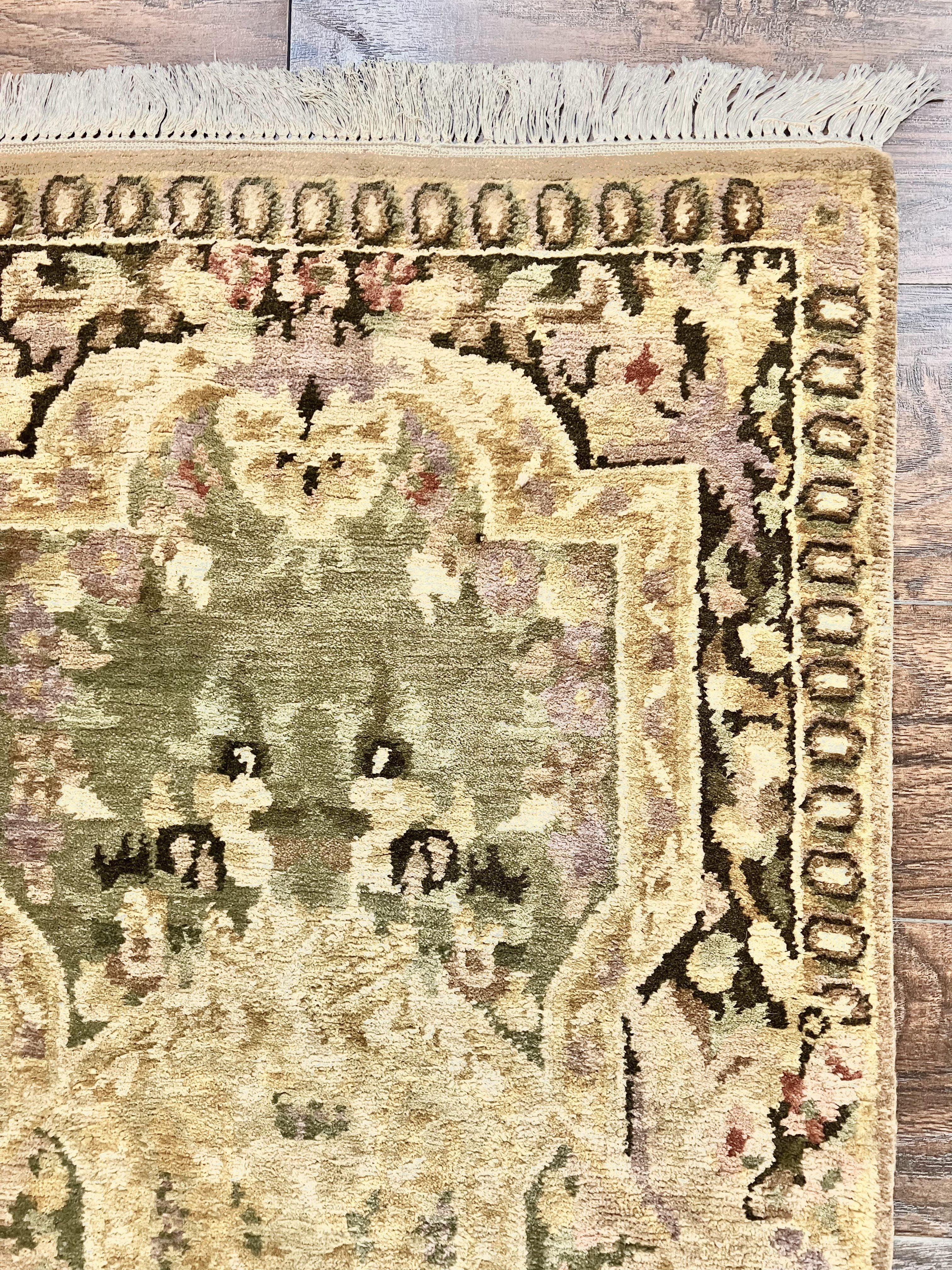 Tibetan Runner Rug 2.6 x 10, French Aubusson Pattern, Gold Olive Green, Vintage Handmade European Design, Wool Hallway Rug - Jewel Rugs
