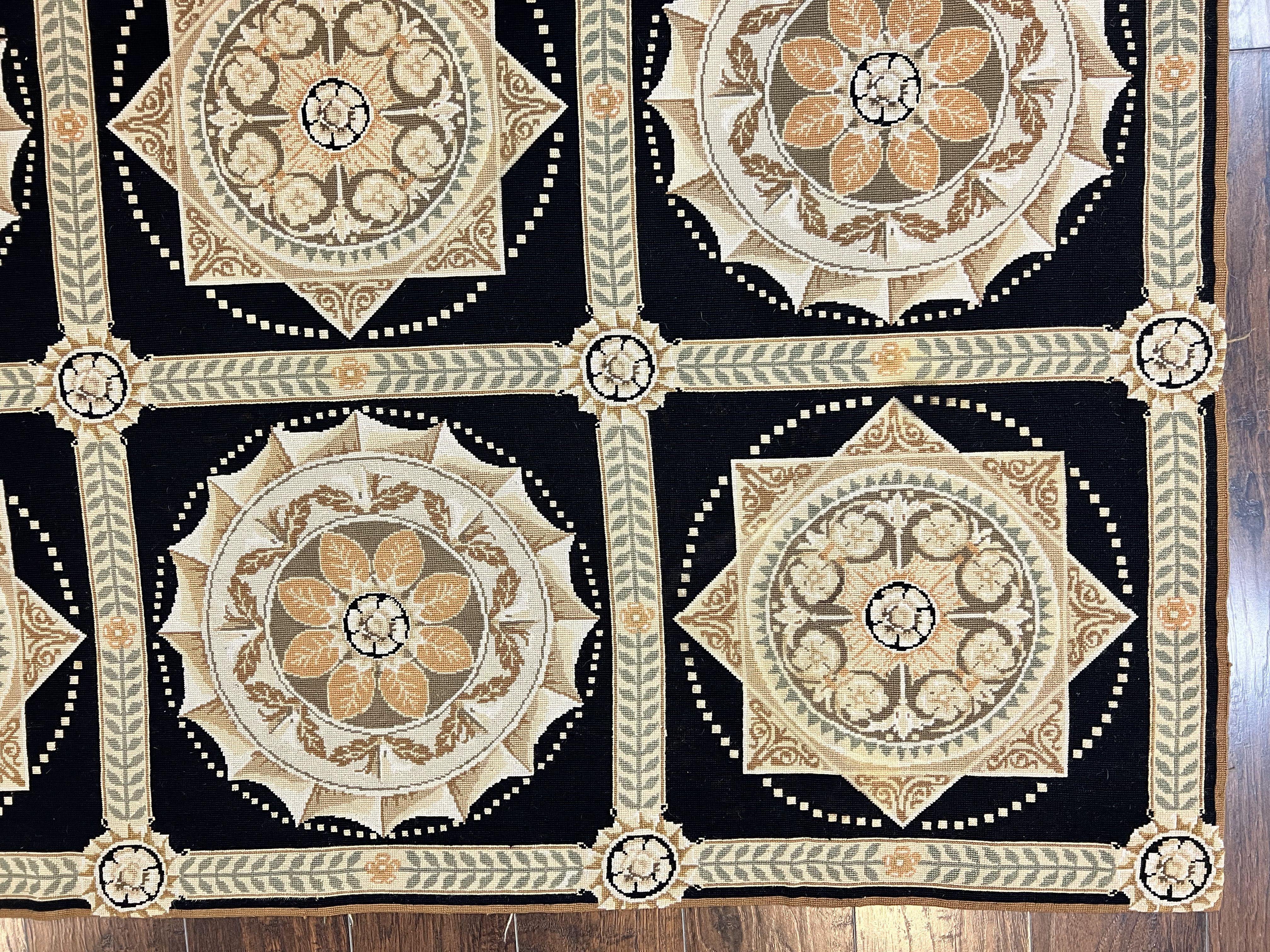 Needlepoint Rug 8x10, Black Tan Beige, Panel Design, Wool Handwoven Handmade Flatweave Needlepoint Carpet, Vintage French European Rug - Jewel Rugs