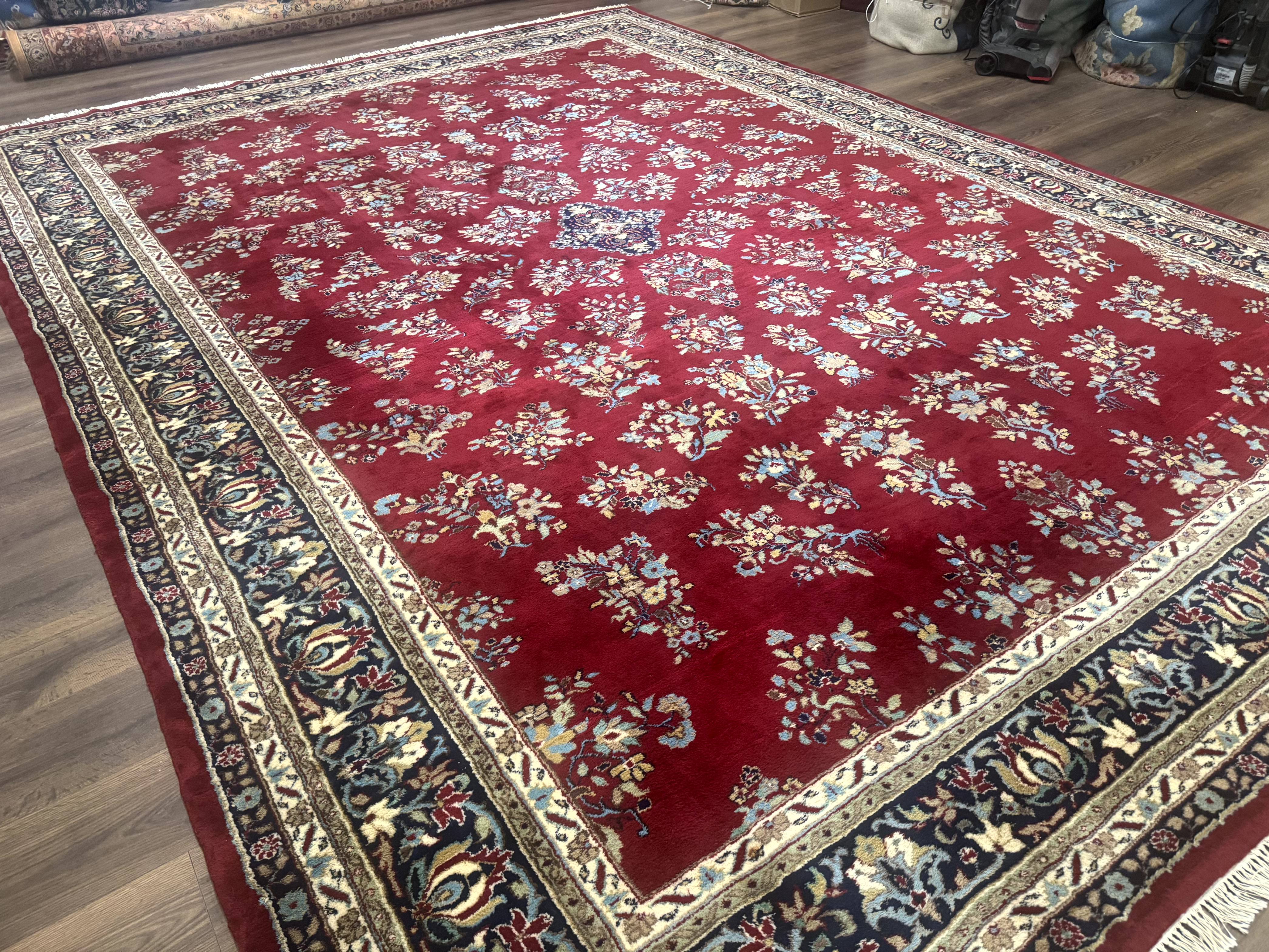 Indo Persian Sarouk Rug 10x14, Large Red and Navy Blue Carpet, Traditional Floral Wool Rug - Jewel Rugs