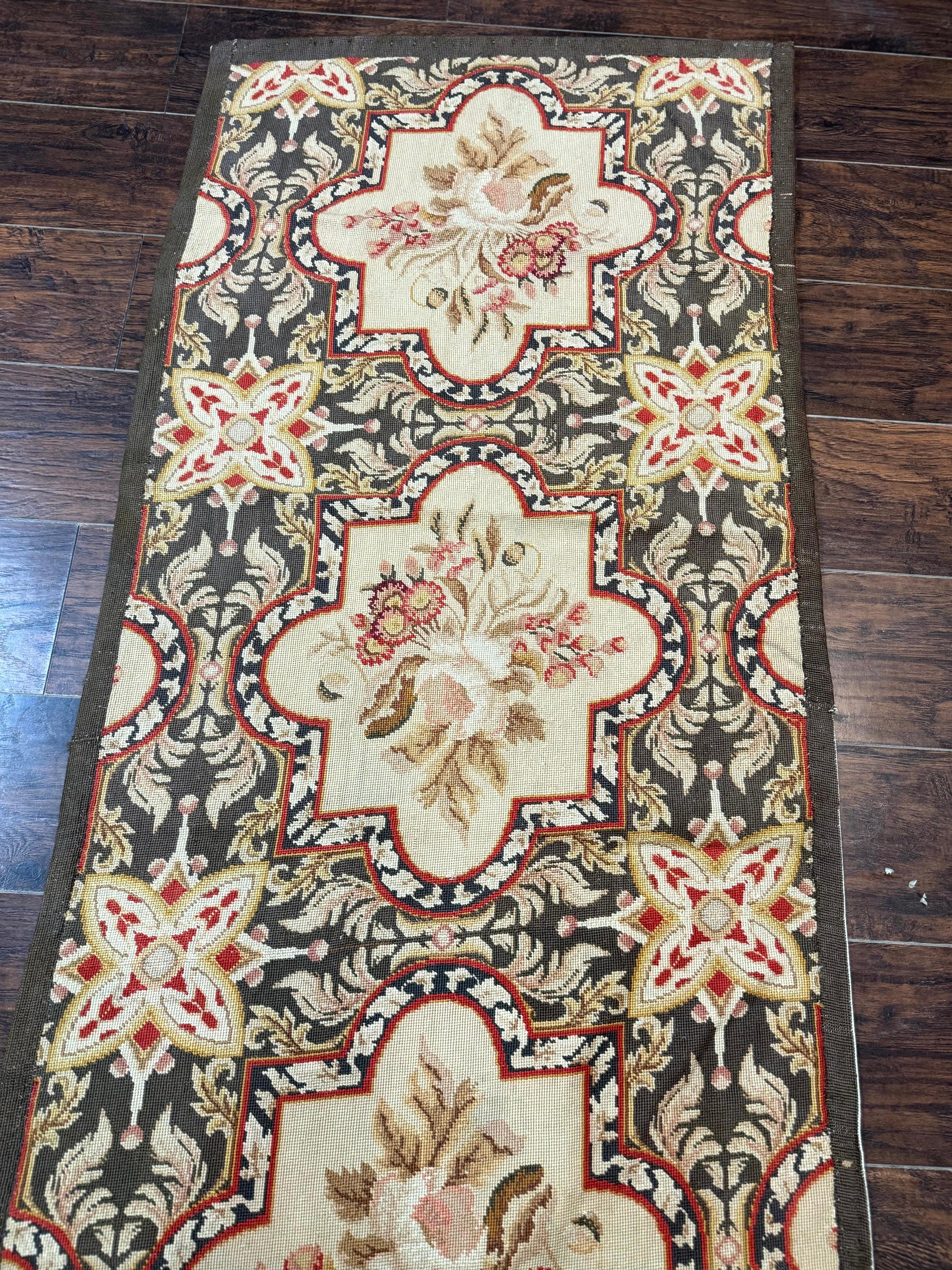 Needlepoint Runner Rug 2.7 x 9.7, European French Design, Wool, Handmade, Vintage - Jewel Rugs