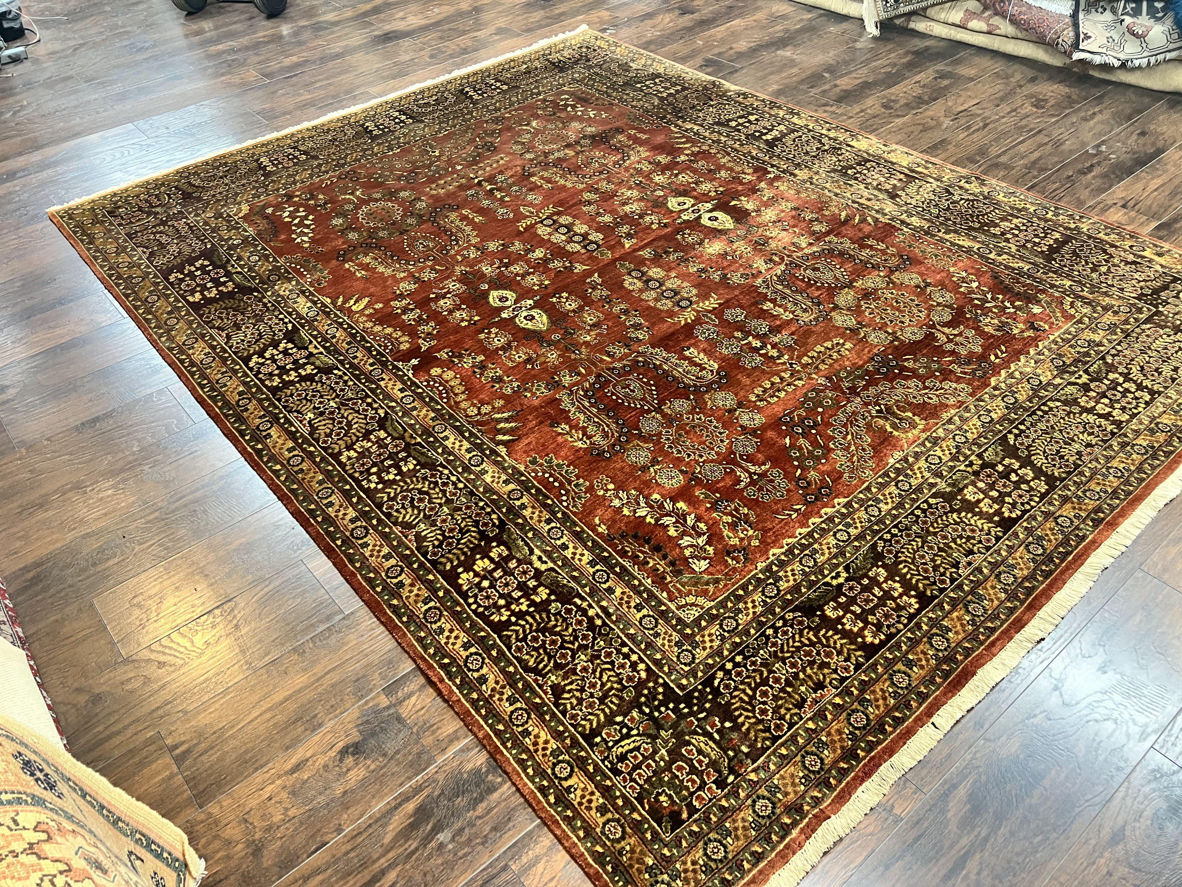Indo Persian Sarouk Rug 8x10, Indian Oriental Carpet 8 x 10 ft, Red Handmade Wool Fine Floral Allover Vintage Rug, Traditional Rug - Jewel Rugs