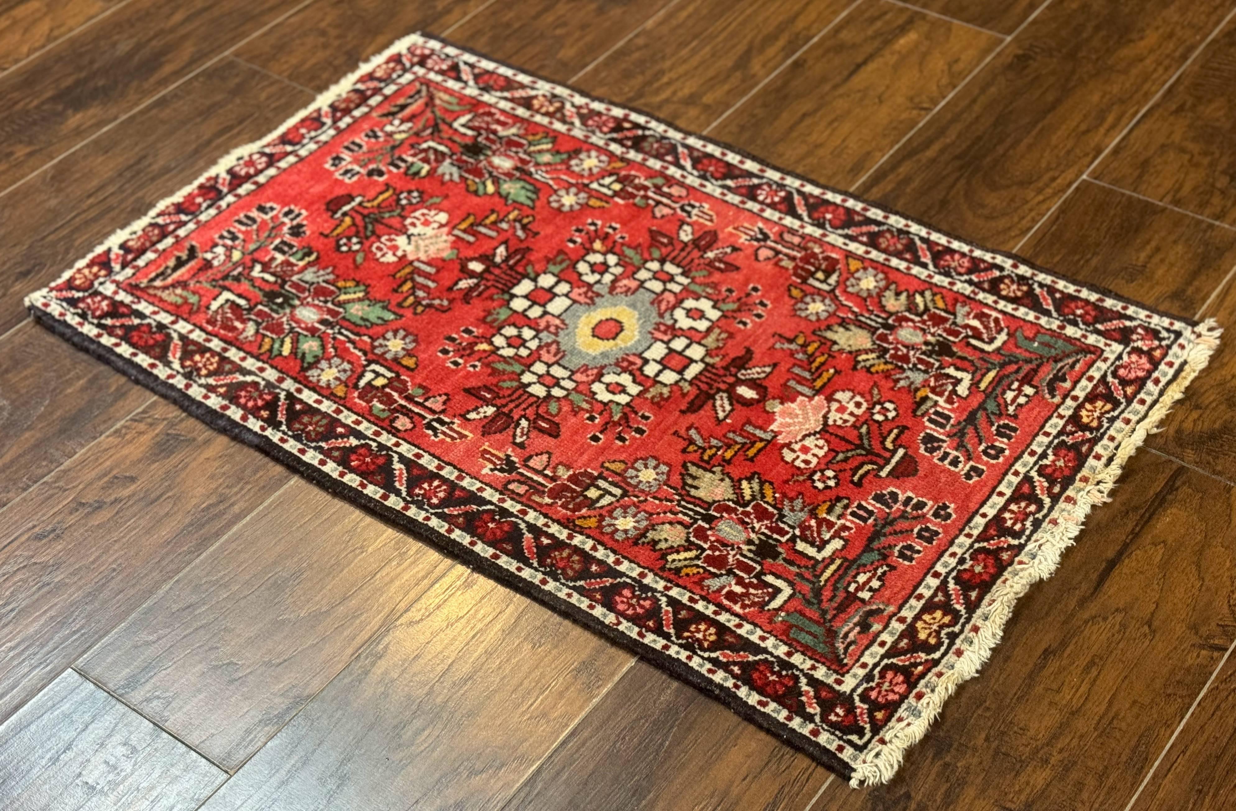 Antique Persian Rug 2x3, Small Red Floral Wool Persian Carpet, Hamadan Rug - Jewel Rugs