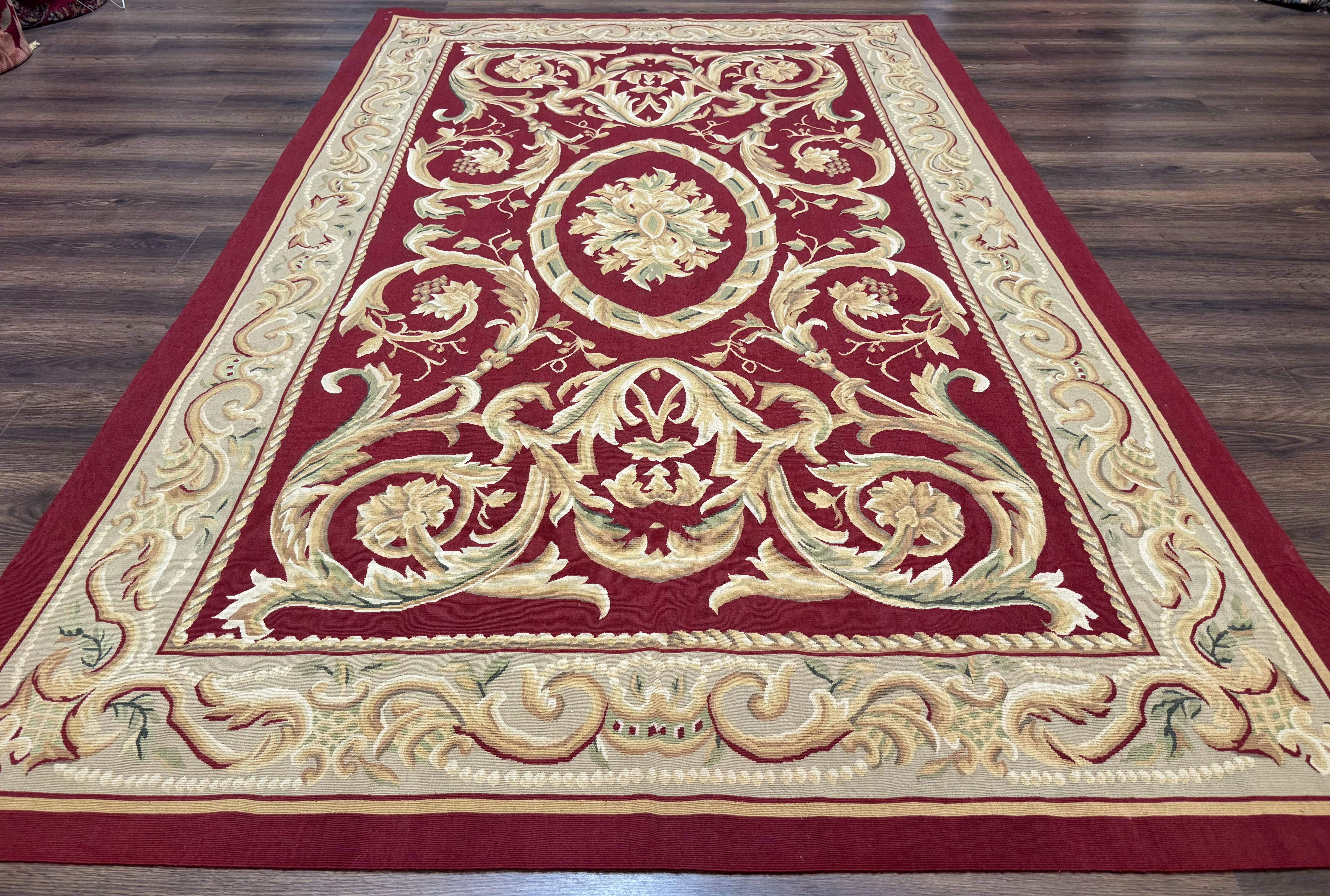 Burgundy Aubusson Rug 6x9, Vintage Wool Carpet - Jewel Rugs