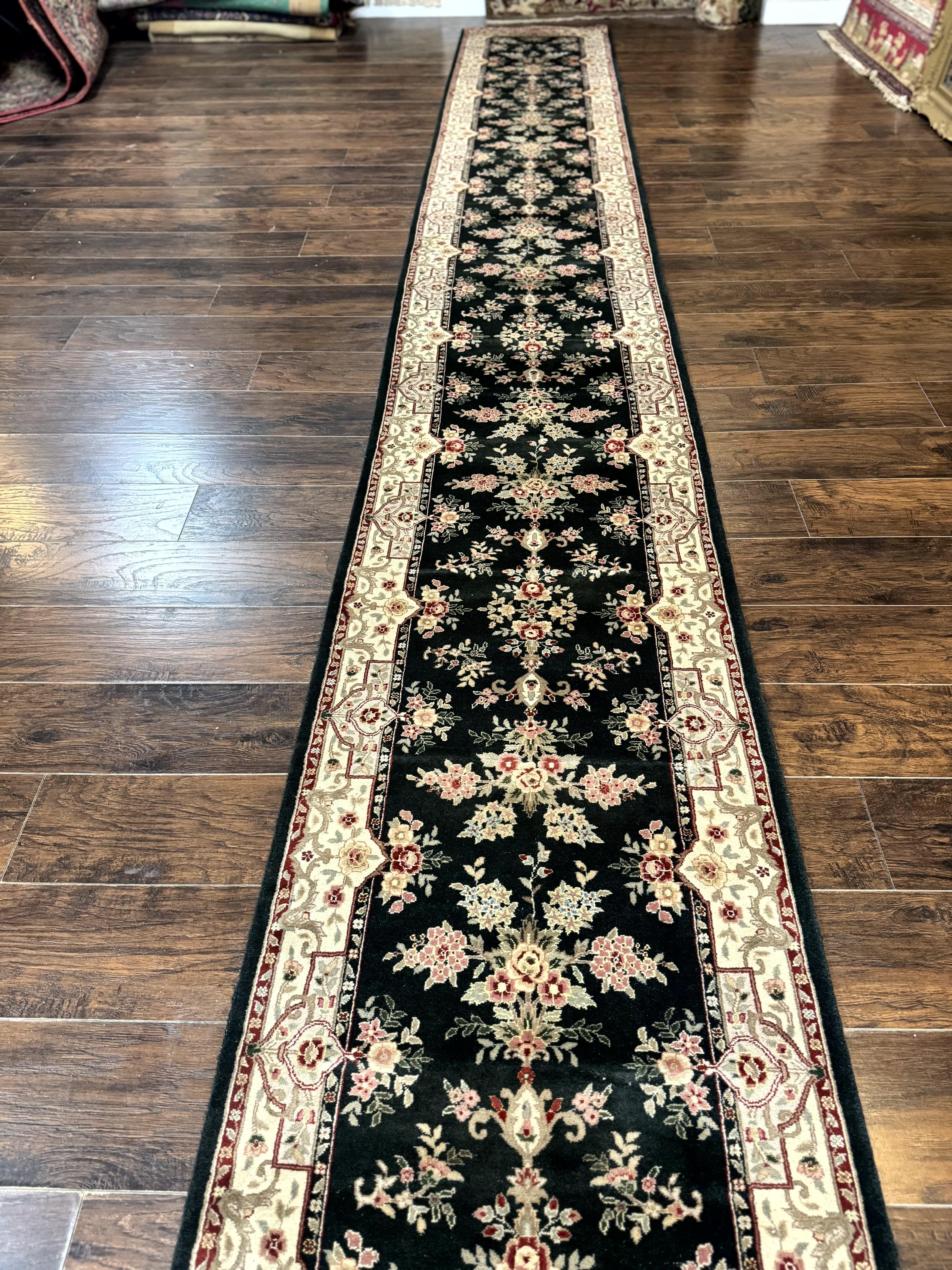 Long Pak Persian Runner Rug 2.7 x 21, Floral Allover, Dark Green and Beige, Handmade Wool Runner Rug, 21ft Runner for Hallway - Jewel Rugs