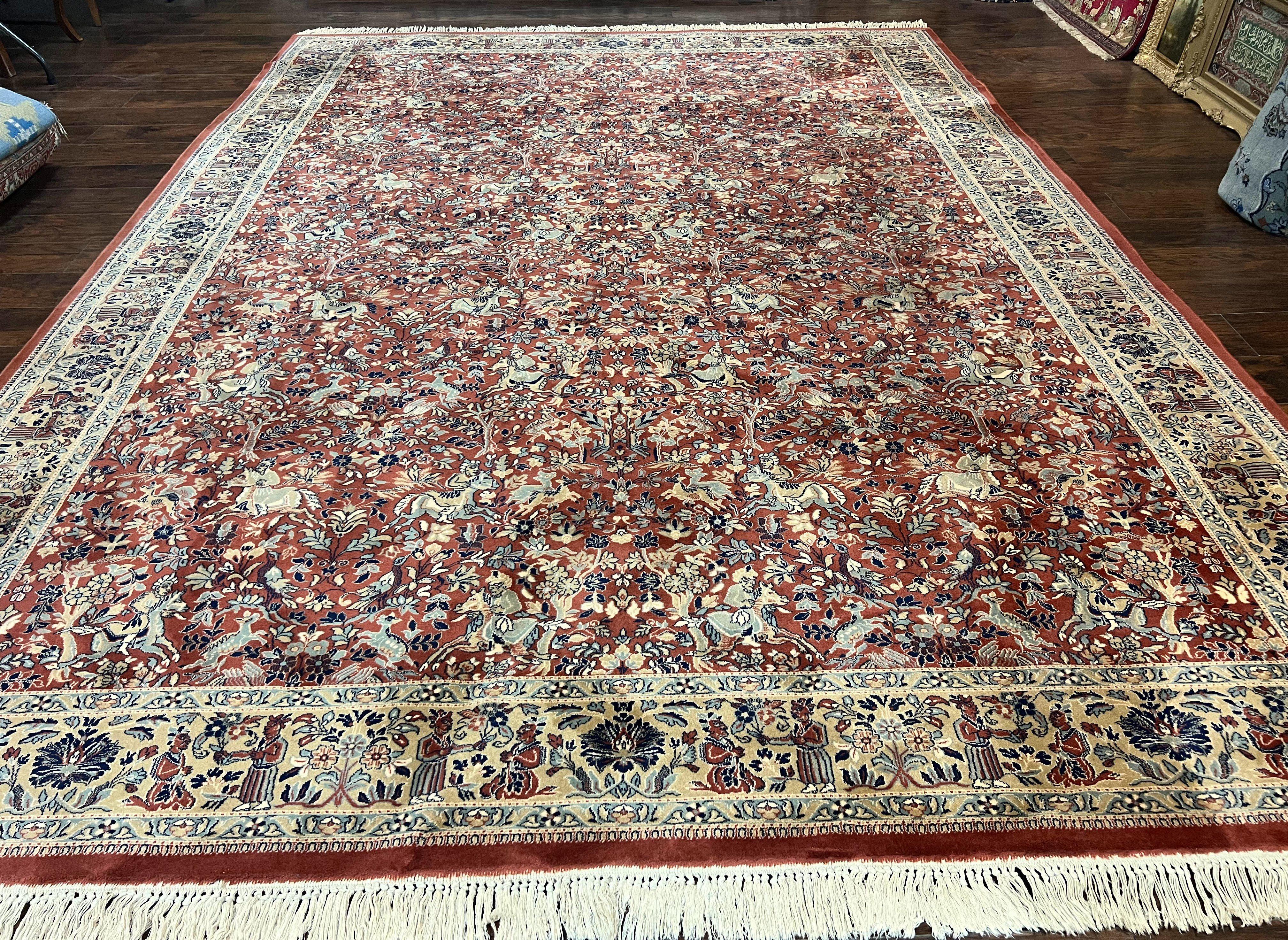 Persian Rug 10 x 13.6, Hunting Scene Rug, Large Wool Carpet, Vintage Couristan Belgium Power Loomed Rug, Red and Beige - Jewel Rugs