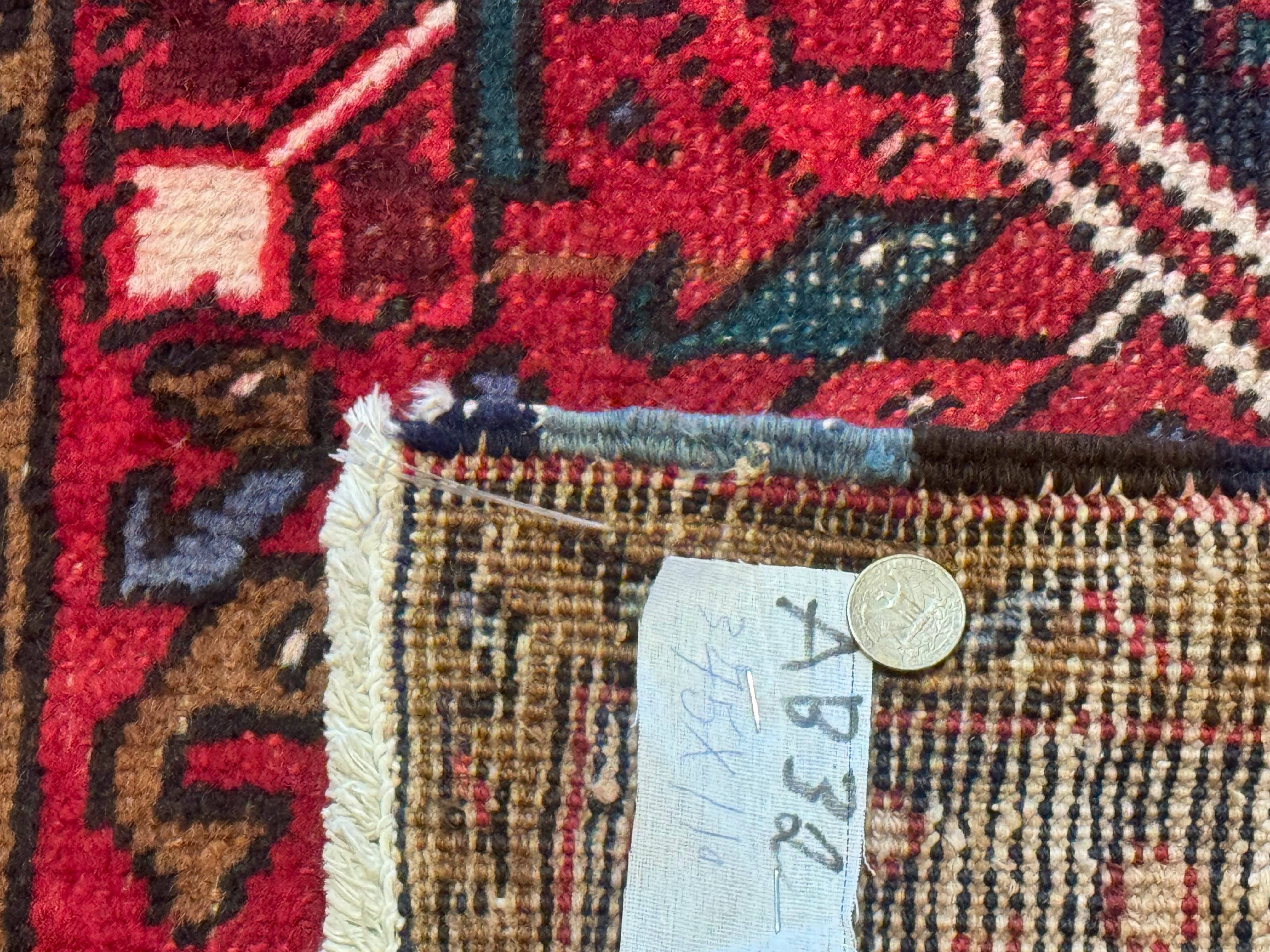 Persian Heriz Karajeh Runner Rug 3.7 x 12, Geometric Medallions, Red and Navy Blue - Jewel Rugs