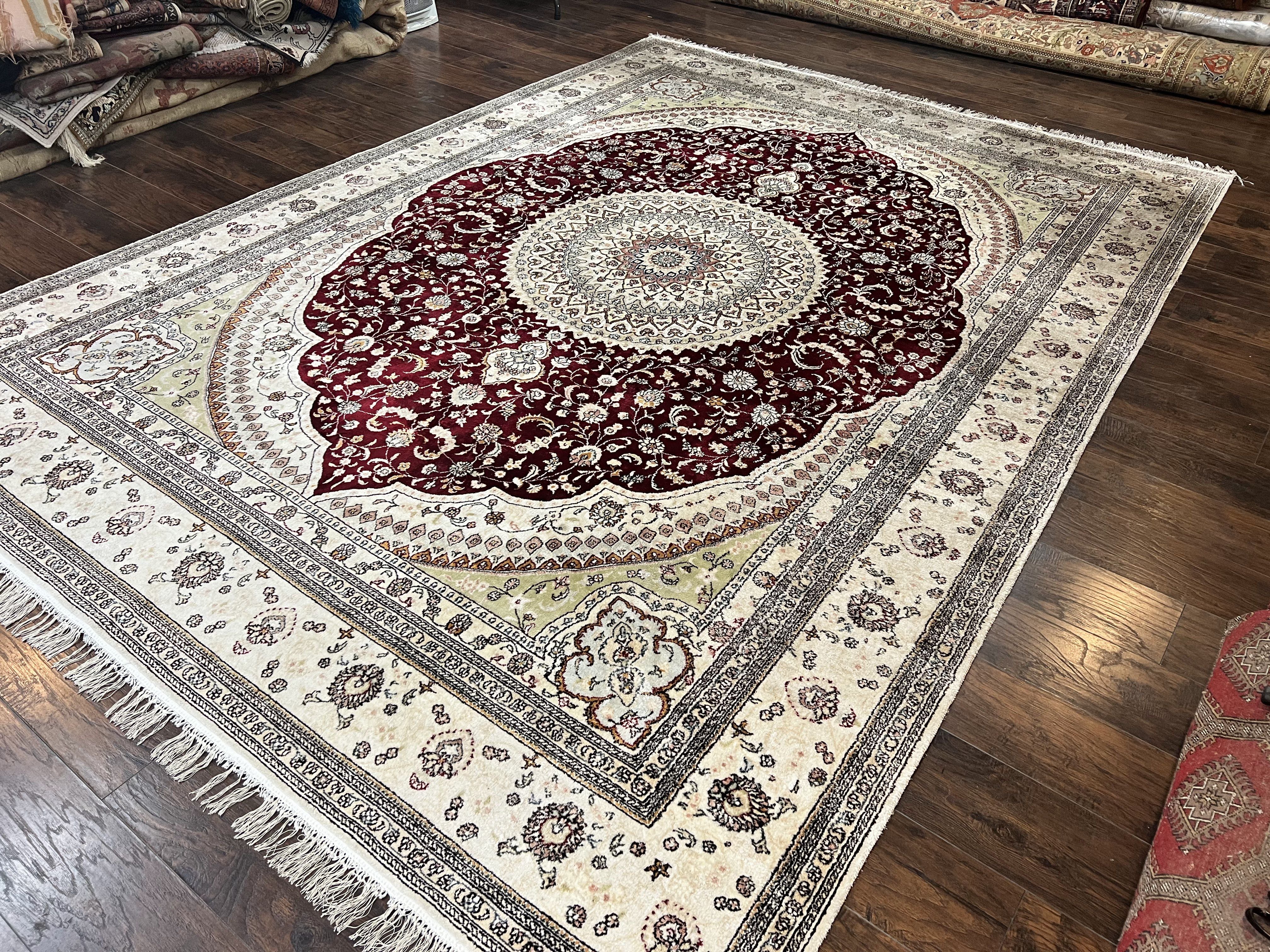 Silk Indian Kashmiri Rug 9x12, Room Sized Silk Carpet, Floral Medallion, Very Fine, Masterpiece Rug, Silk Oriental Rug, Dark Red & Cream Rug - Jewel Rugs