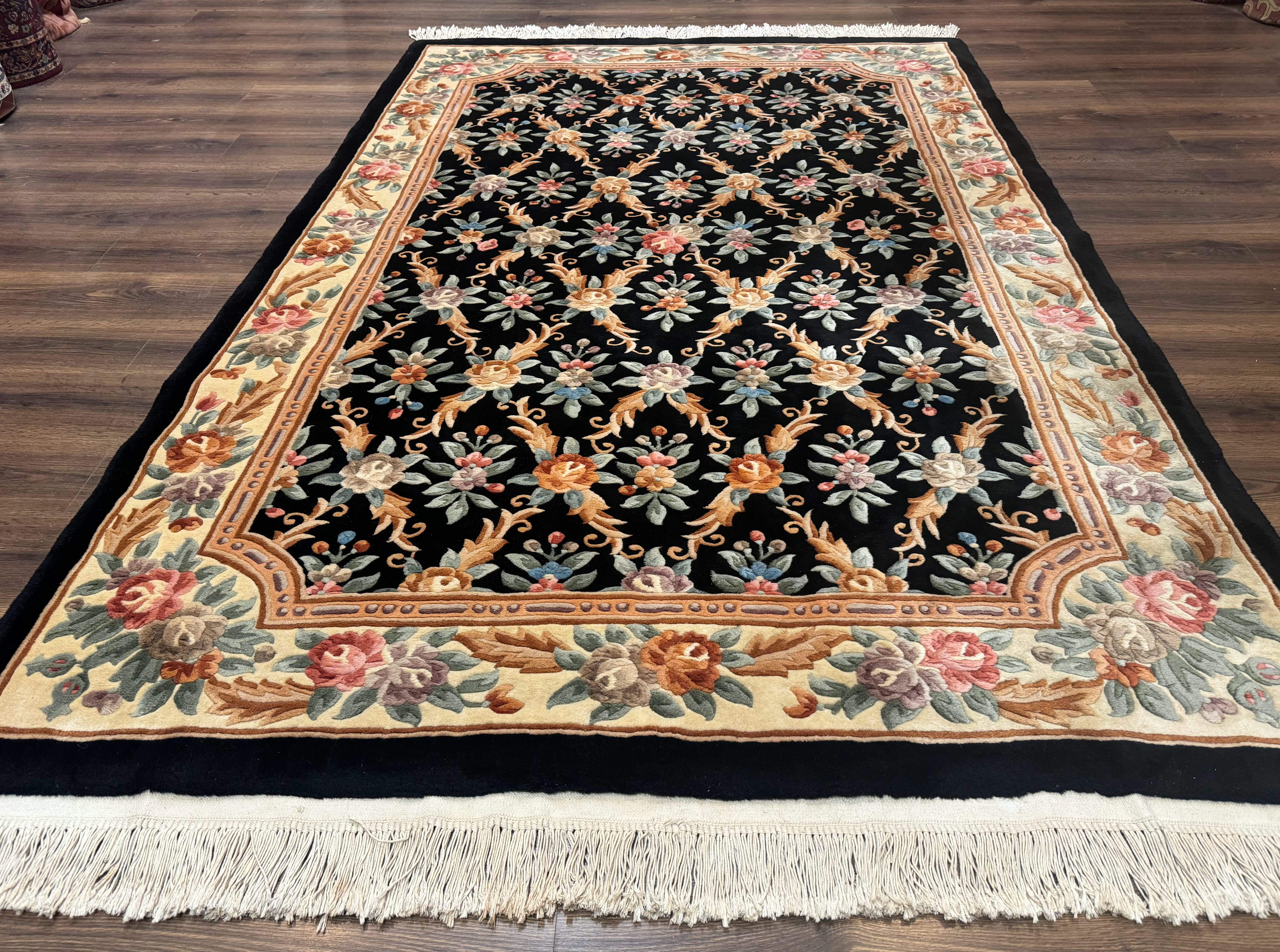 Chinese Wool Rug 6x9, Floral Aubusson Carpet, Black and Cream, 90 Line Rug - Jewel Rugs