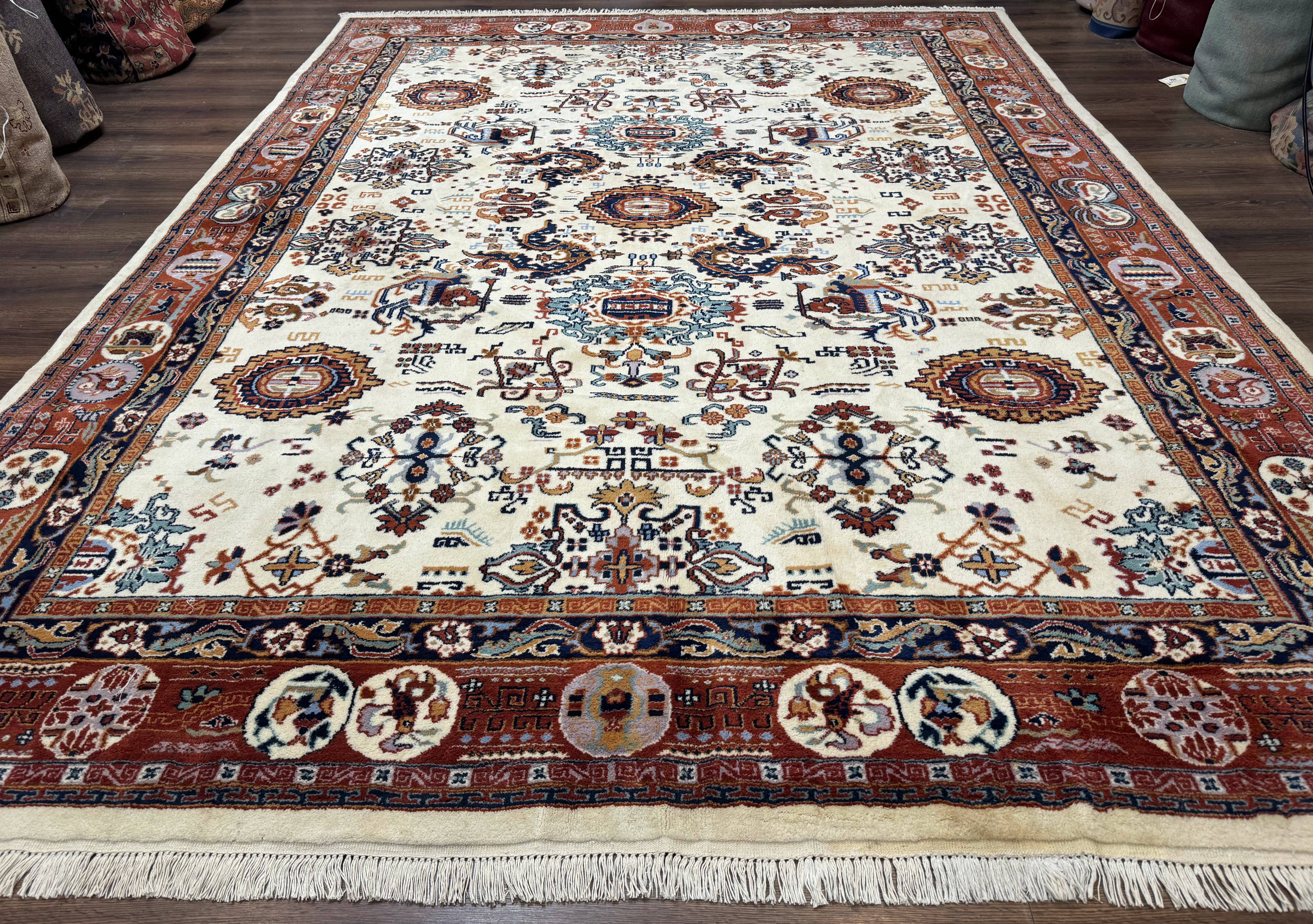 Indo Chinese Wool Rug 9x12, Ivory and Rust Red, Dragon Motifs - Jewel Rugs