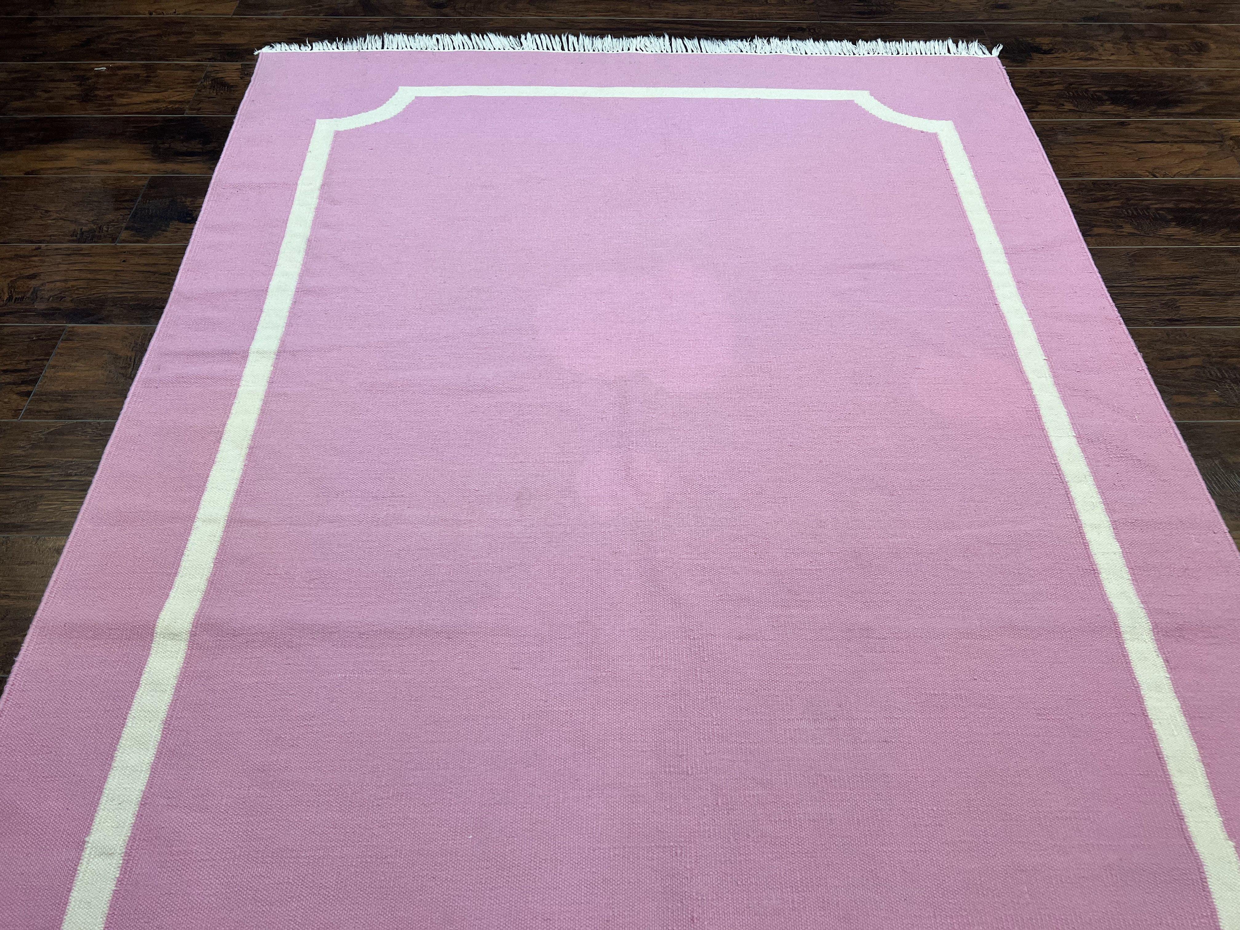 Indian Dhurrie Rug 5x8, Wool Handmade Contemporary Carpet, Pink Flatweave Kilim Area Rug, Medium Sized Rug 5 x 8 ft - Jewel Rugs