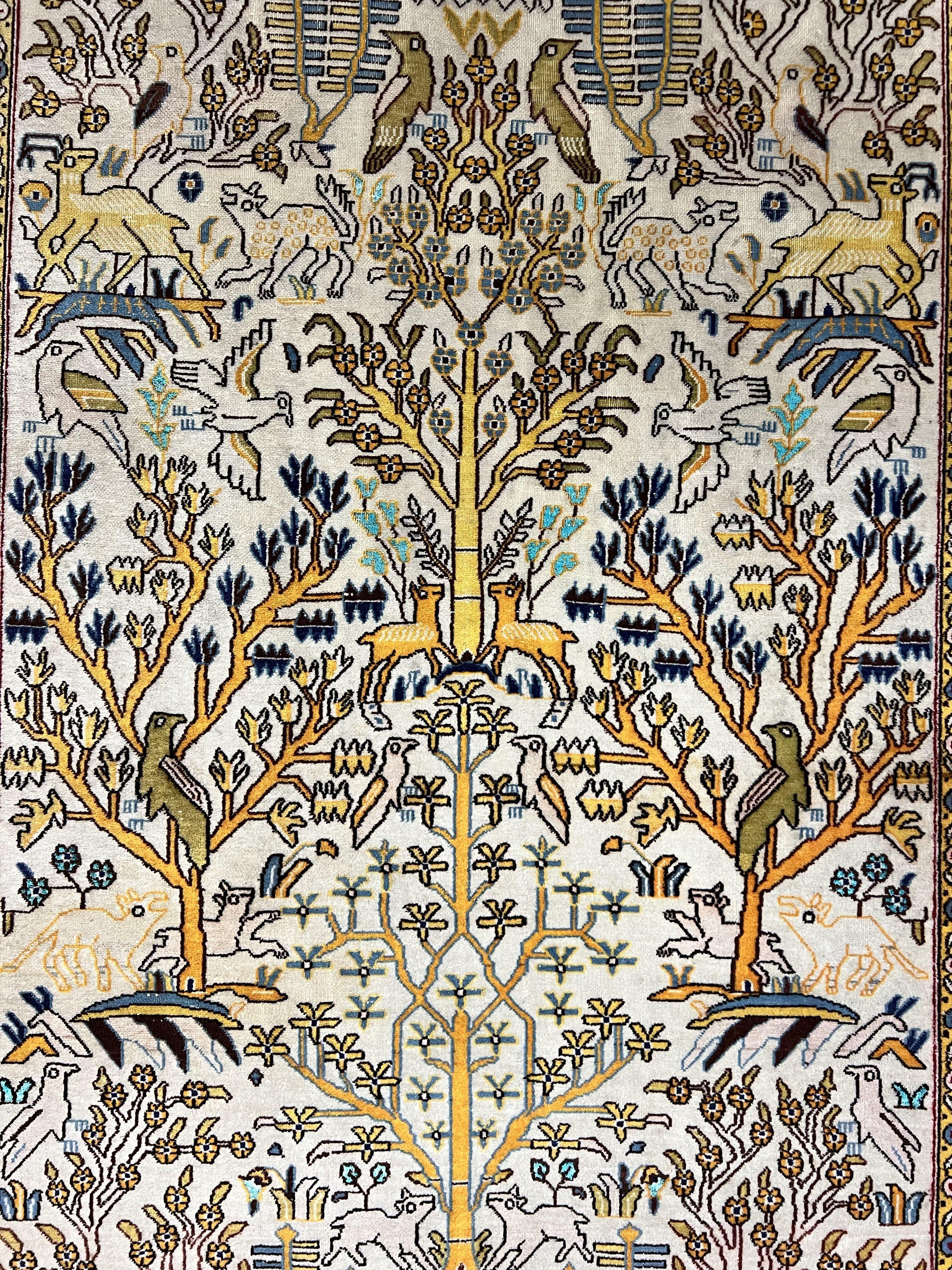 Persian Tree of Life Rug 5x9, Qum Rug, Animal Motifs Deer Birds, Cream and Navy Blue, Semi Antique Vintage Handmade Carpet, Wool & Silk Highlights - Jewel Rugs