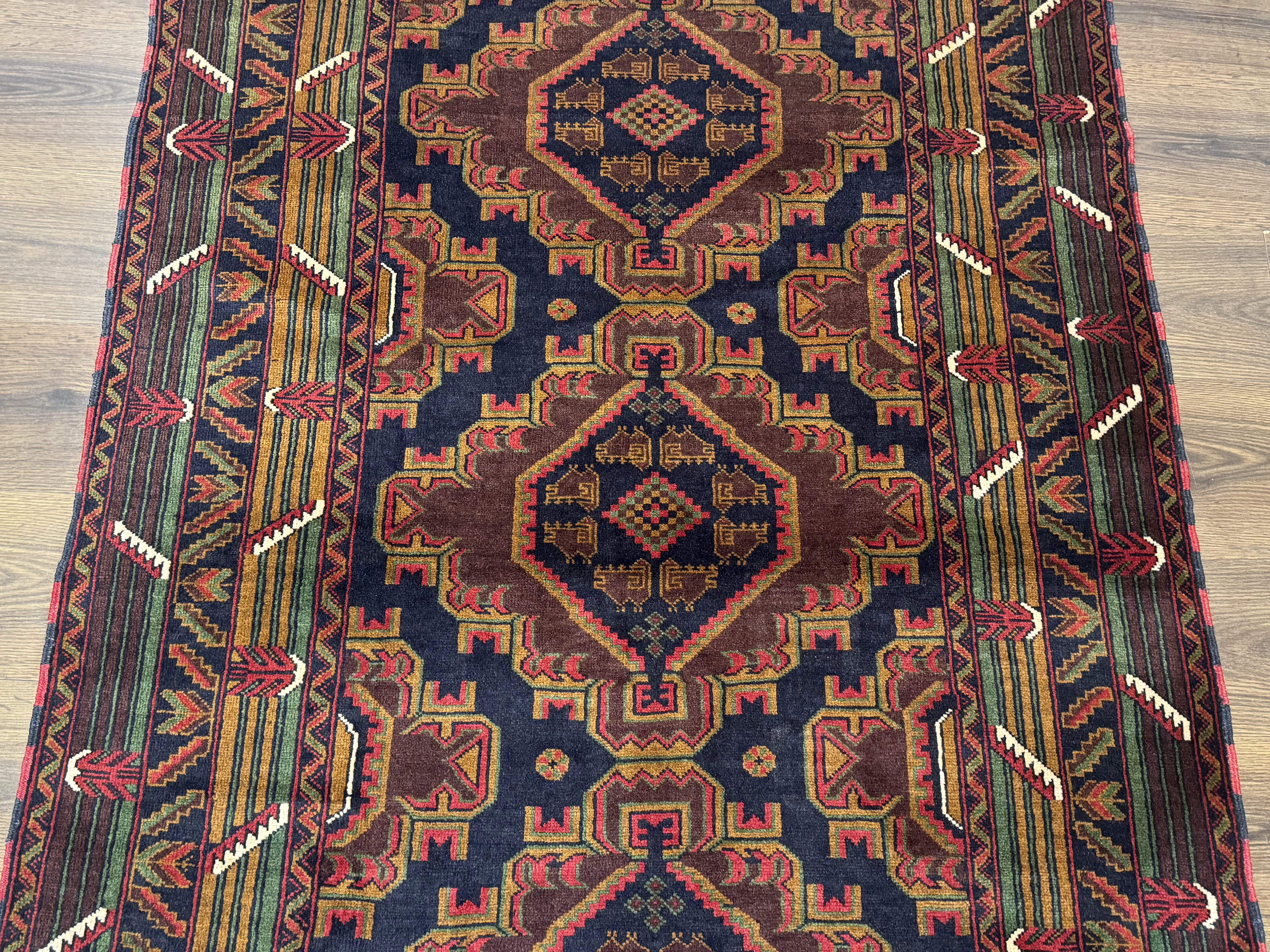 Persian Baluch Rug 4x6 – Navy and Plum, Hand-Knotted Wool Tribal Carpet - Jewel Rugs