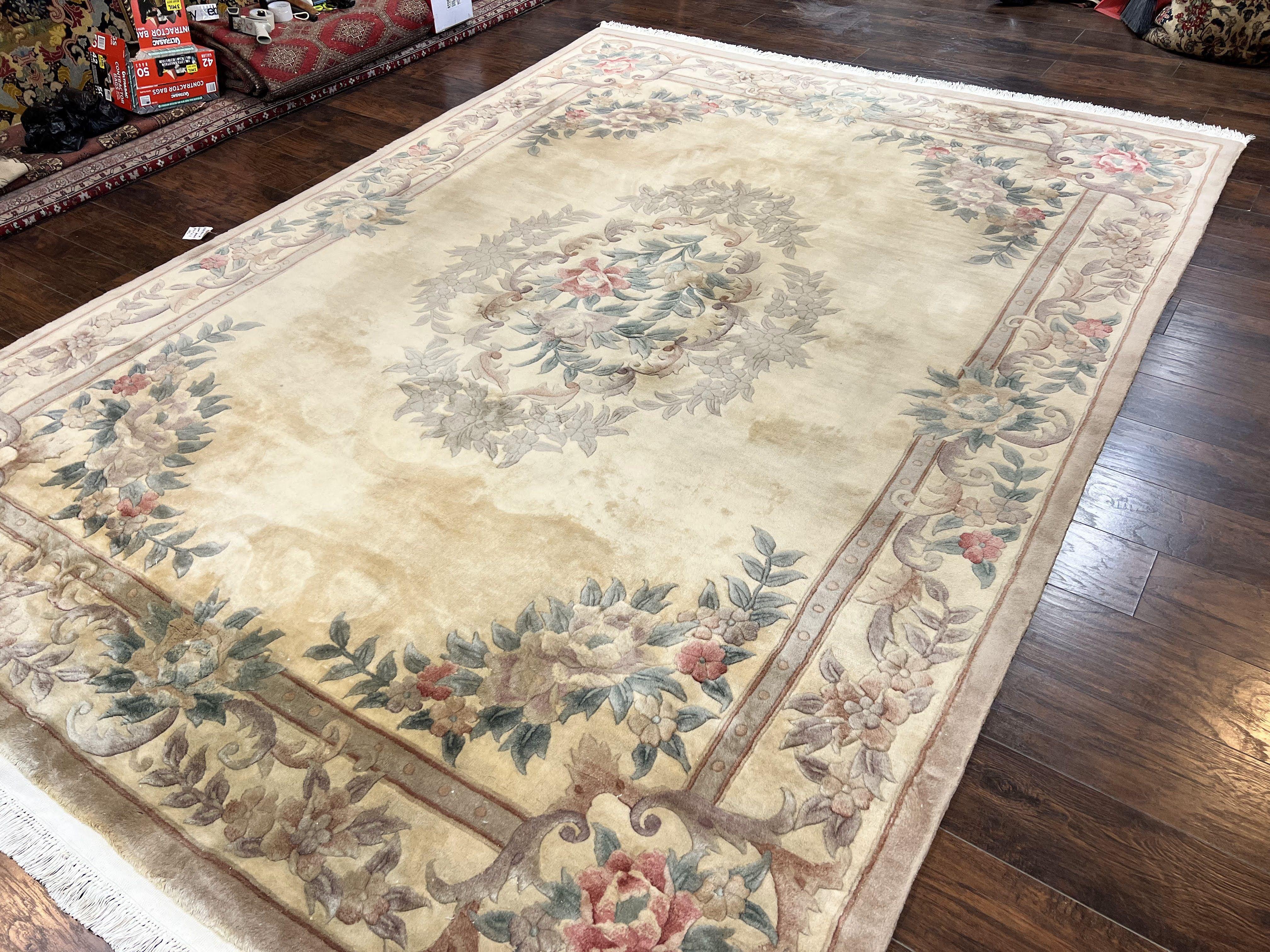 Chinese 90 Line Rug 9x12 ft, Vintage 1960s Chinese Wool Pile Aubusson Area Rug 9 x 12 ft, Tientsin Asian Oriental Rug, Floral - Jewel Rugs