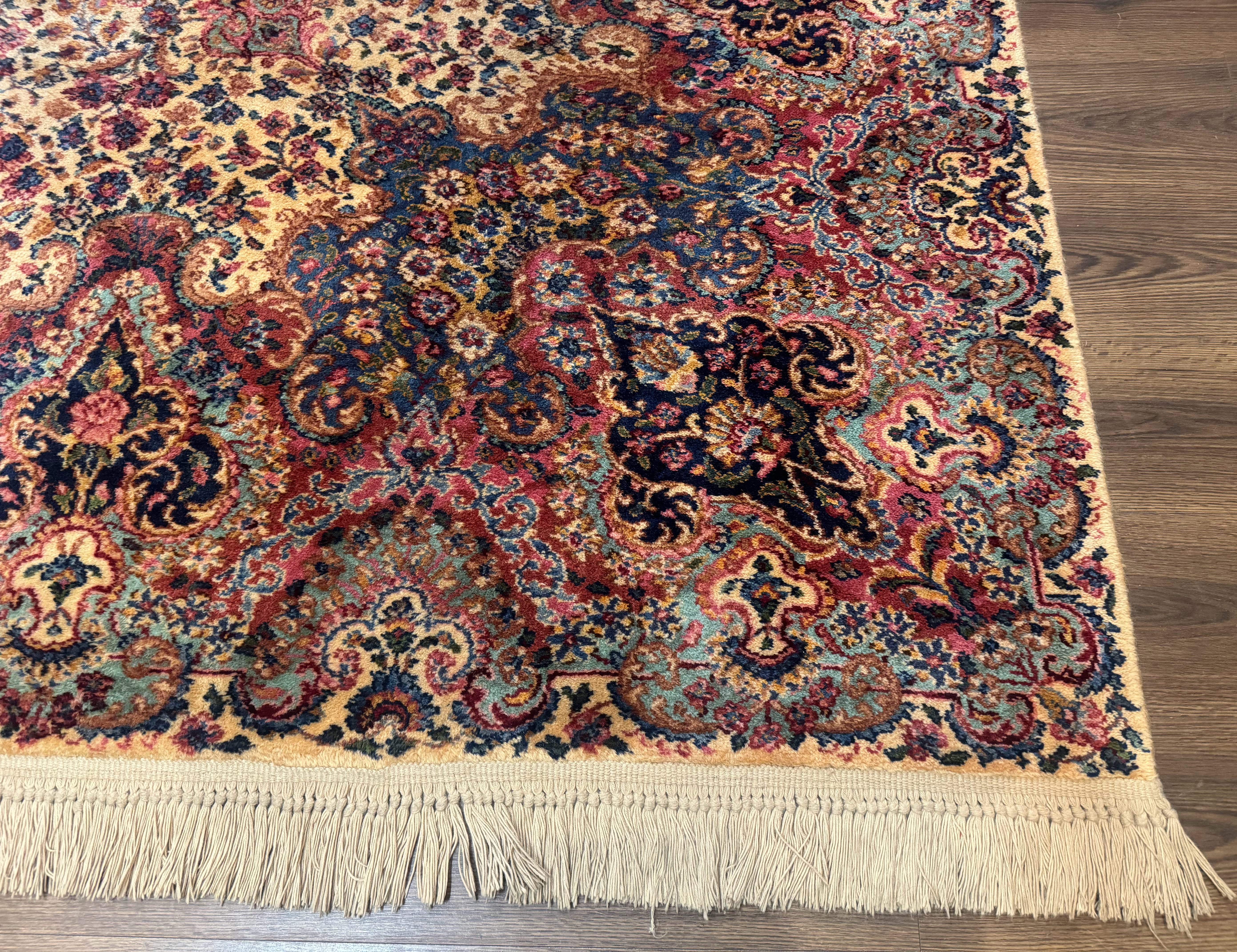 Karastan Ivory Floral Kirman Rug 8.8 x 12, Wool Vintage Discontinued - Jewel Rugs