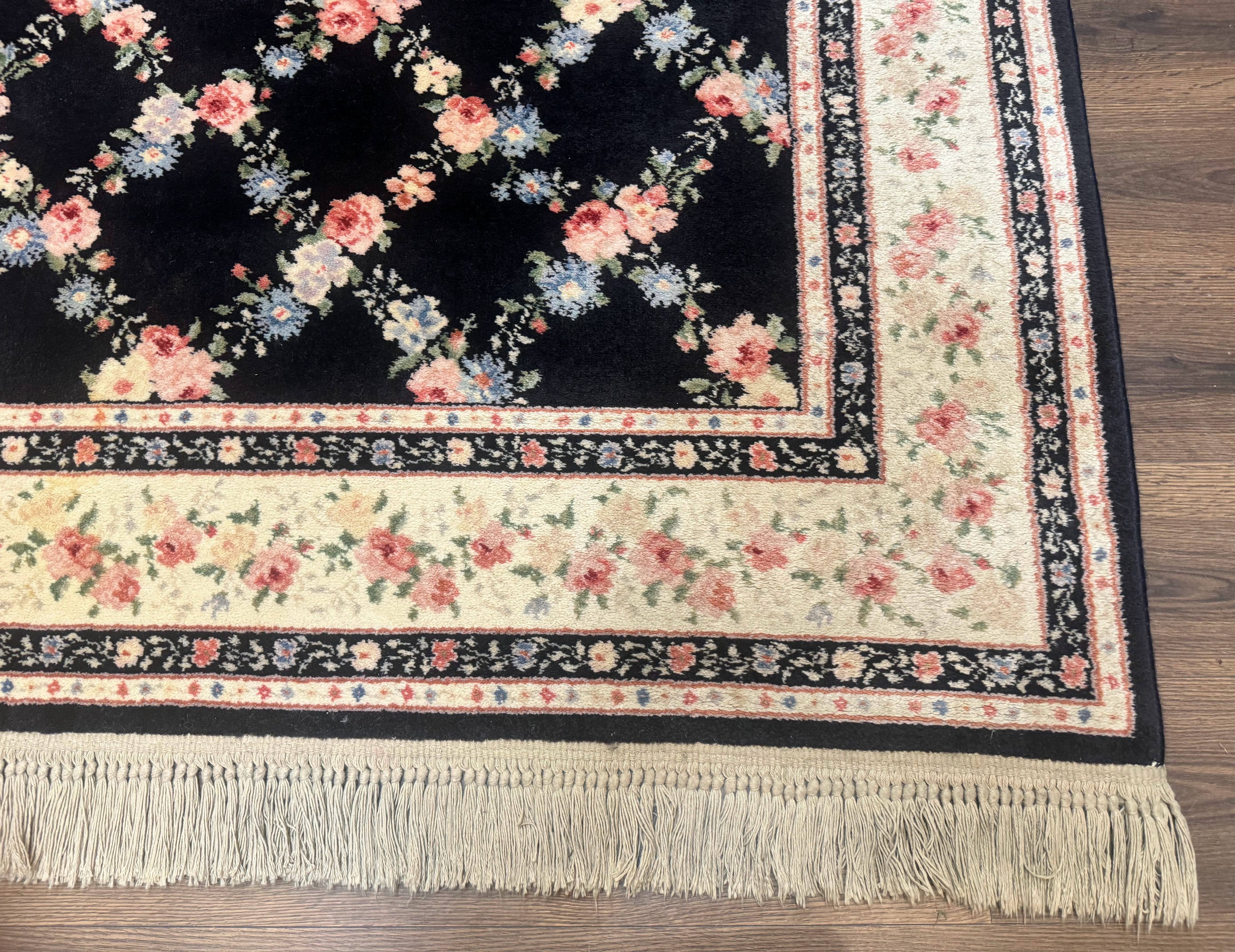 8.8 x 12 Karastan Garden of Eden Rug, Ebony Trellis #509/1270, Black, Floral, Wool Pile, Vintage, Discontinued - Jewel Rugs