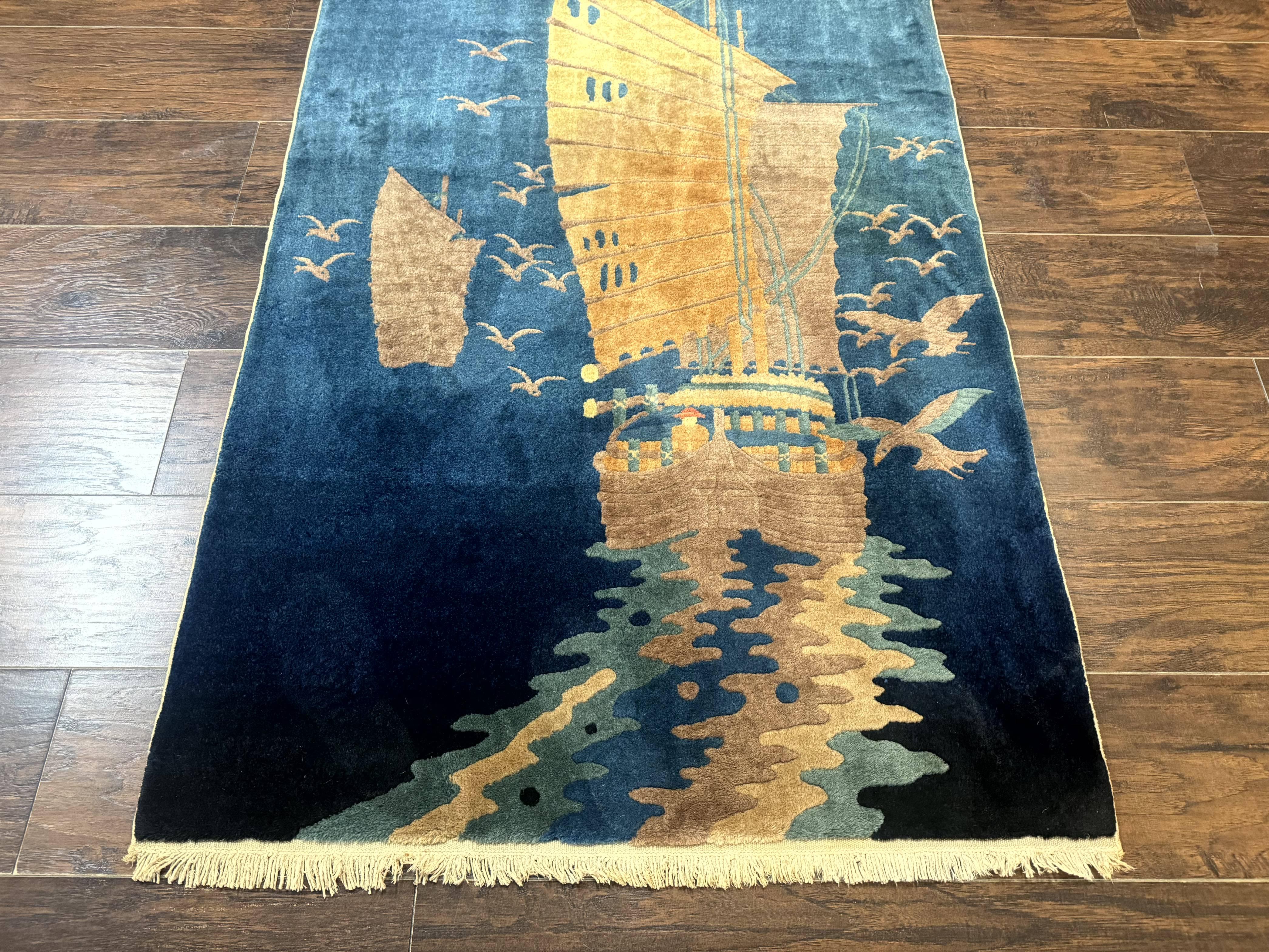 Chinese Art Deco Rug 3x5, Blue, Sailboat and Birds, Seagulls, Ocean, Vintage, Handmade, Chinese Wool Rug, Peking Rug - Jewel Rugs