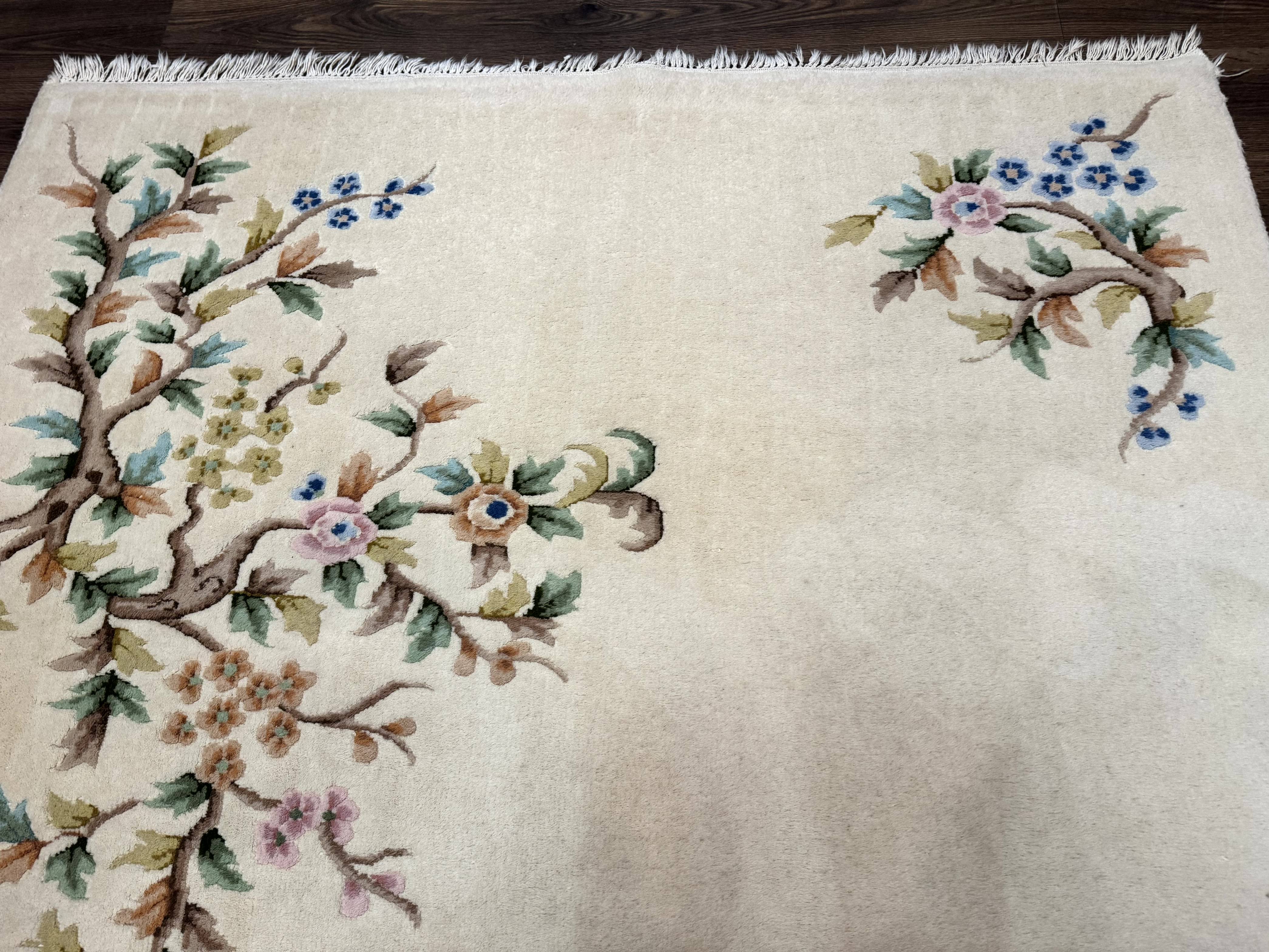 Indo Chinese Wool Rug 5x9, Simple Design, Floral, Ivory, Vintage - Jewel Rugs