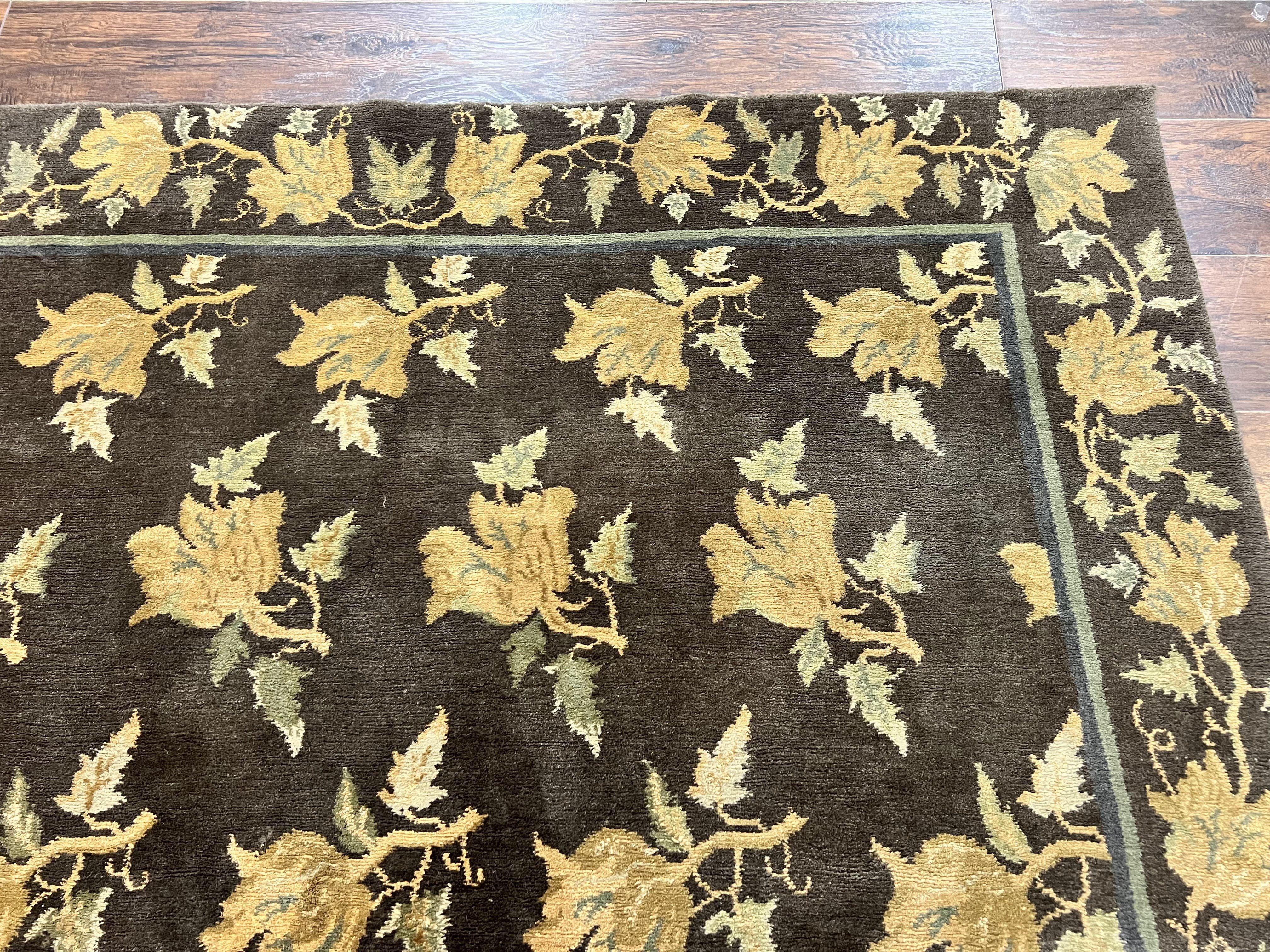 Tibetan Nepal Rug 6x9, Wool Hand Knotted Vintage Carpet 6 x 9, Dark Green & Golden Yellow, Floral Bouquets - Jewel Rugs