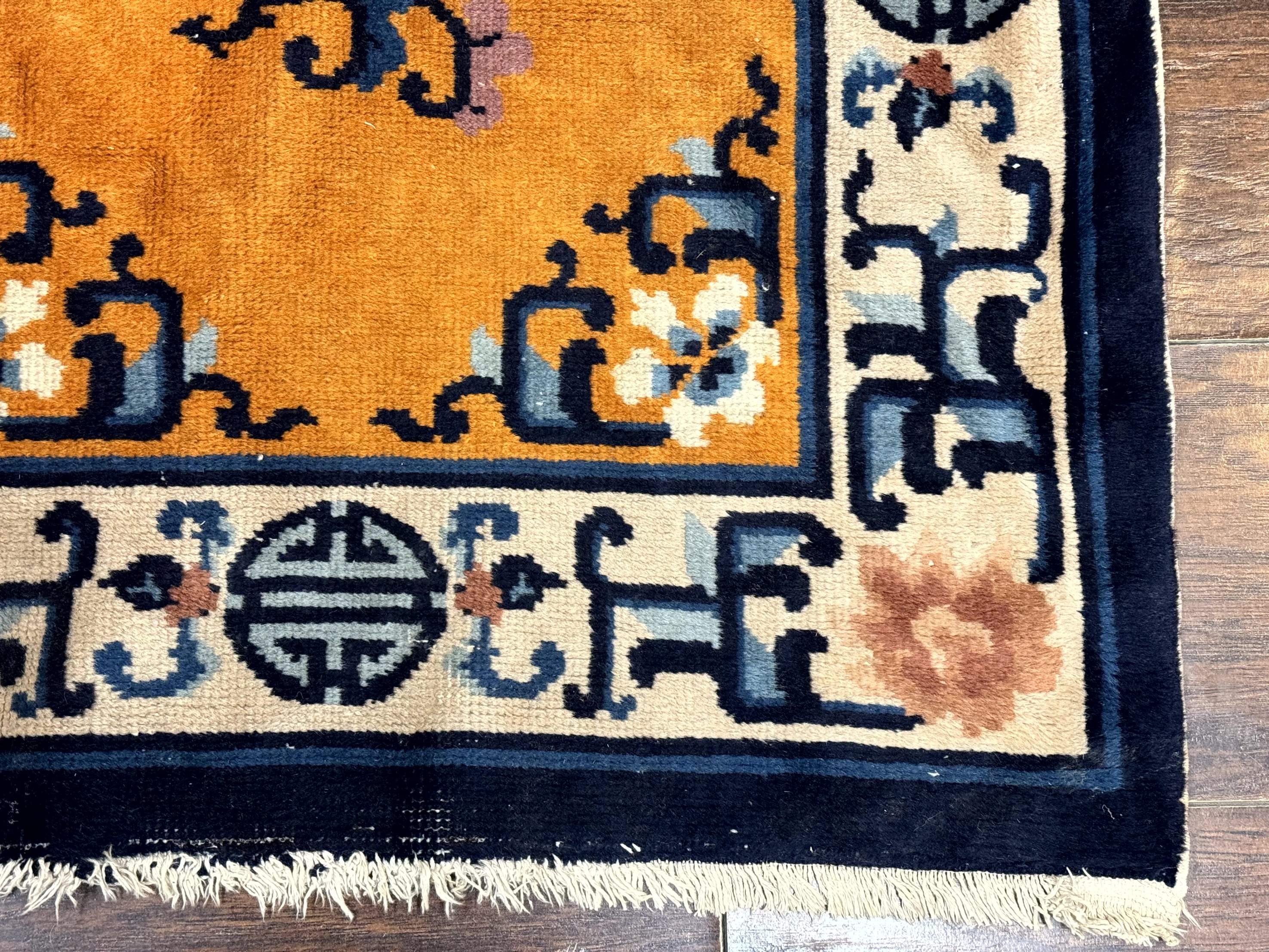 Chinese Peking Runner Rug 2x15 – Orange Ivory & Blue, Hand-Knotted Wool Antique Runner - Jewel Rugs
