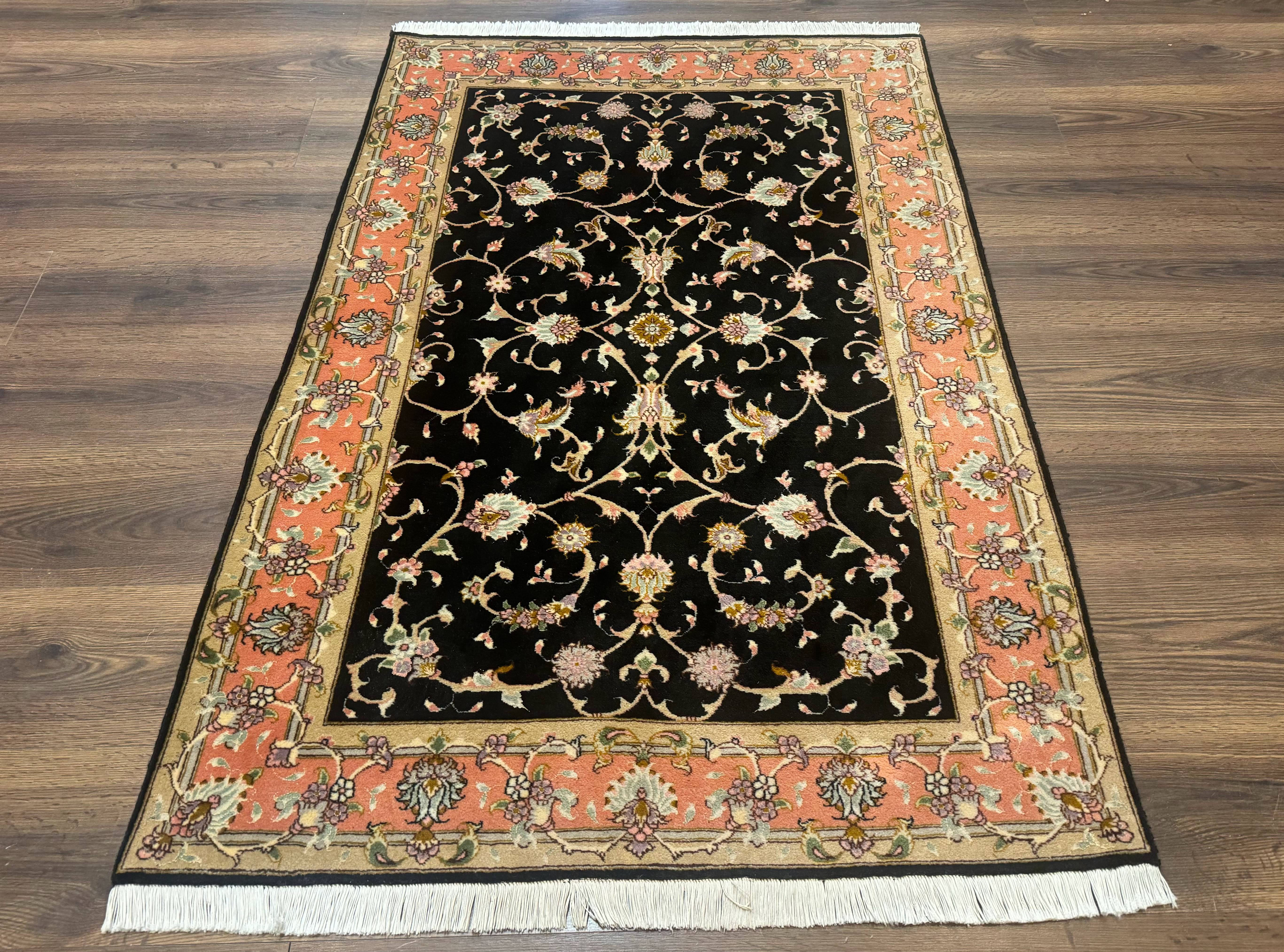 Persian Tabriz Rug 3x5 Black and Salmon Floral Fine Handmade 360 KPSI - Jewel Rugs