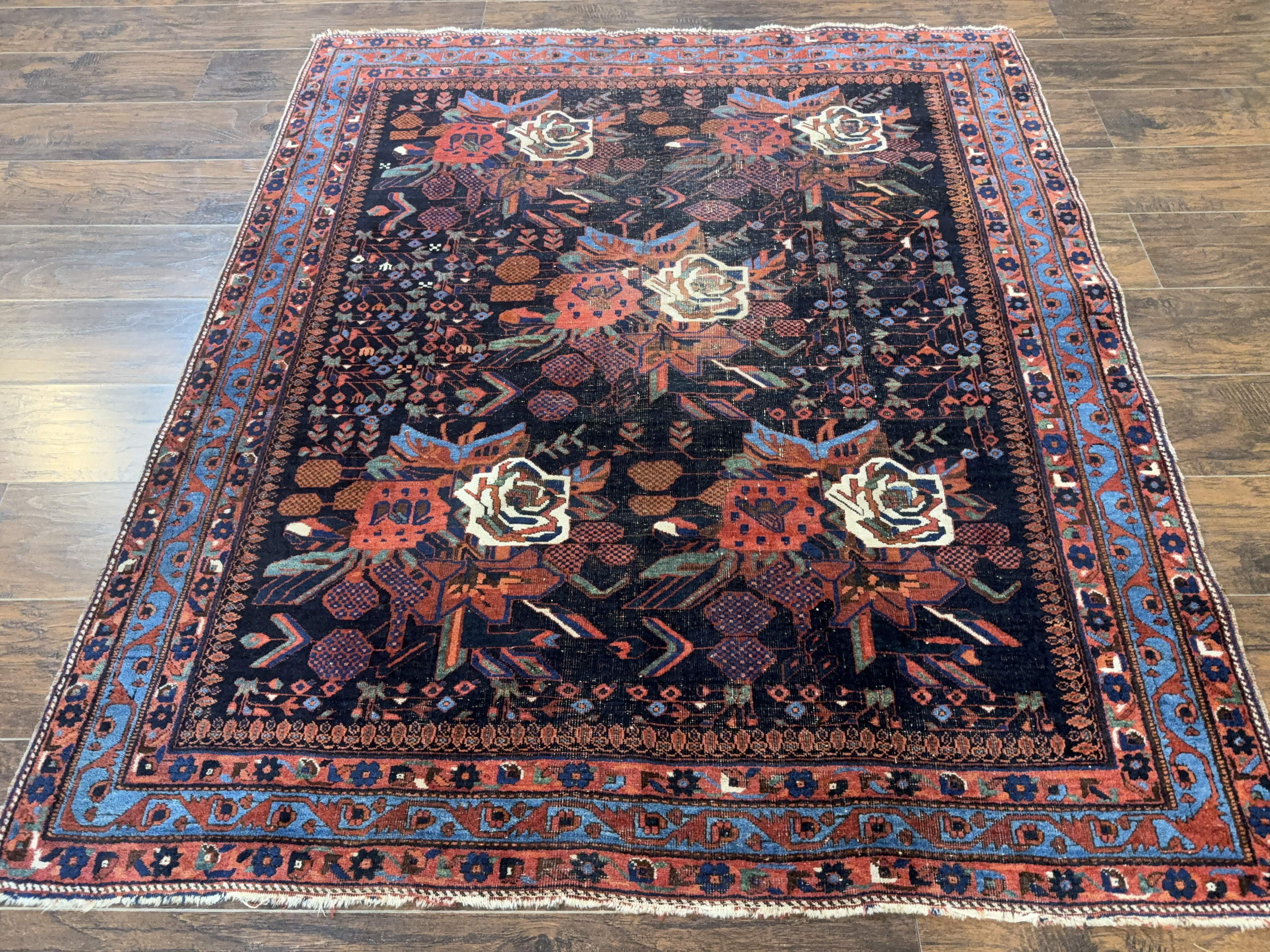 Persian Afshar Tribal Rug 5x6 – Navy and Red, Hand-Knotted Wool, Antique Carpet, Floral - Jewel Rugs