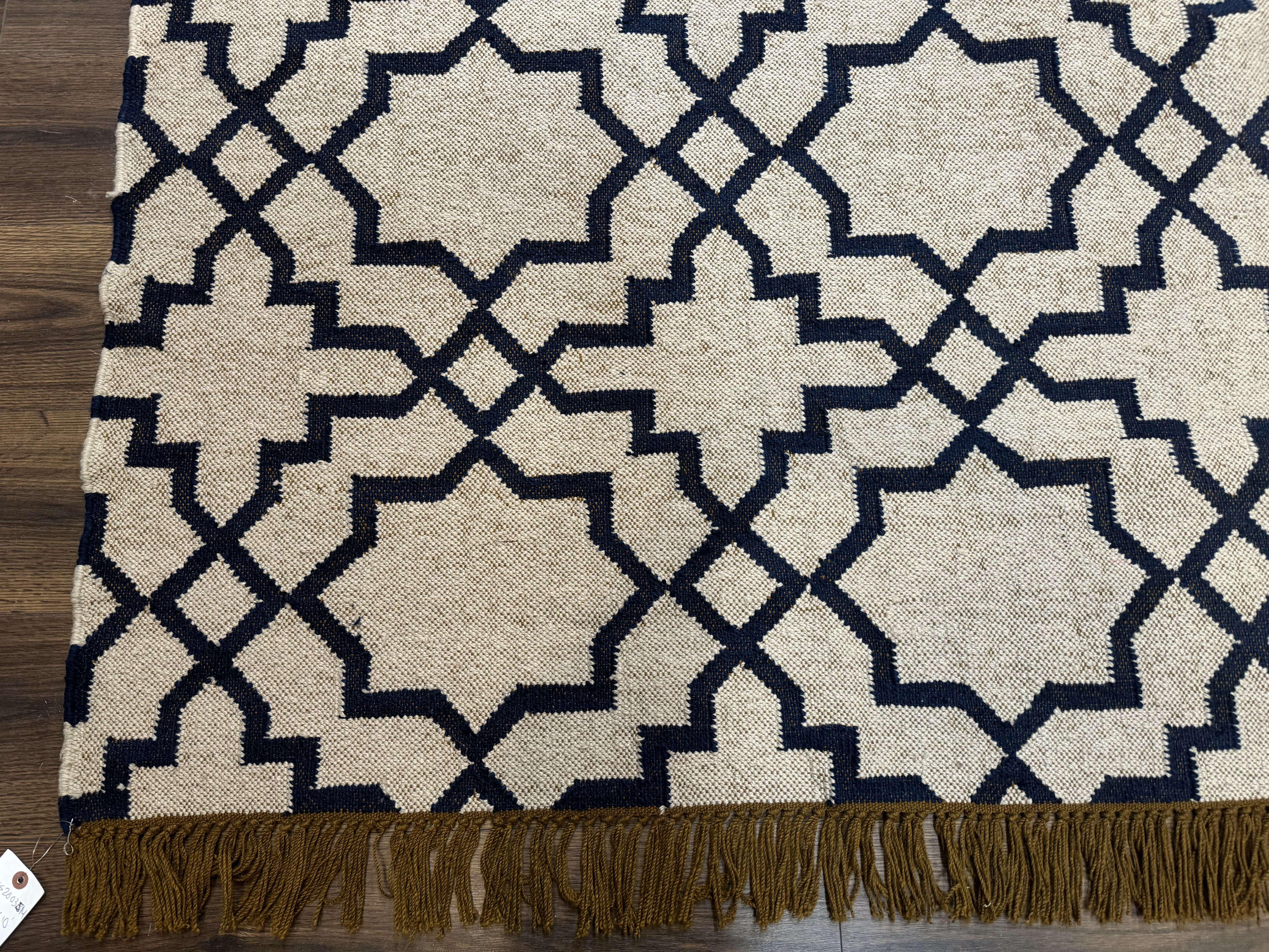 Indian Kilim Rug 8x10, Oat and Navy Blue, Dhurrie Carpet, Handmade, Wool - Jewel Rugs