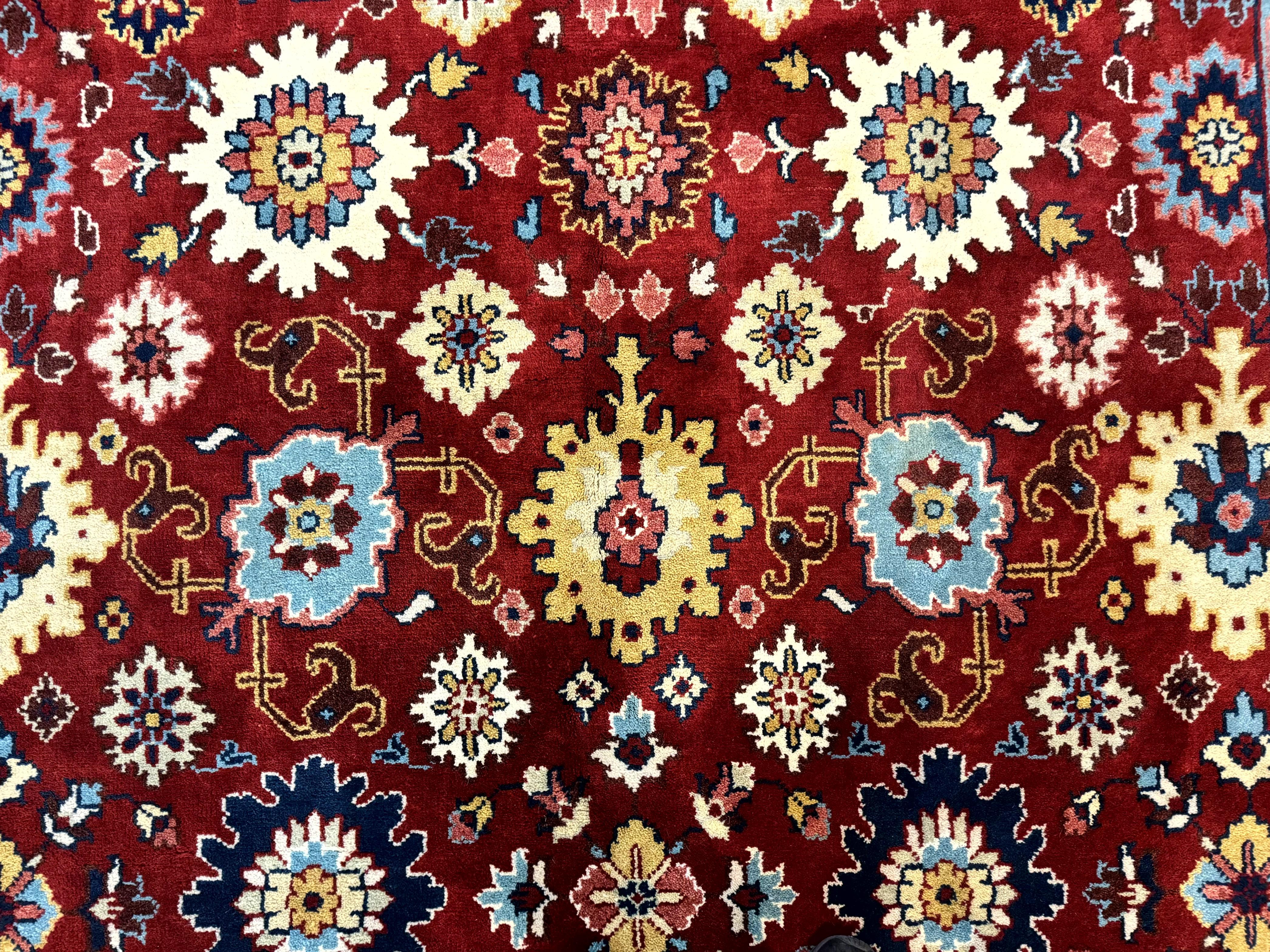 Indo Heriz Rug 8x10, Red and Navy Blue, Allover Pattern, Wool Handmade Carpet - Jewel Rugs