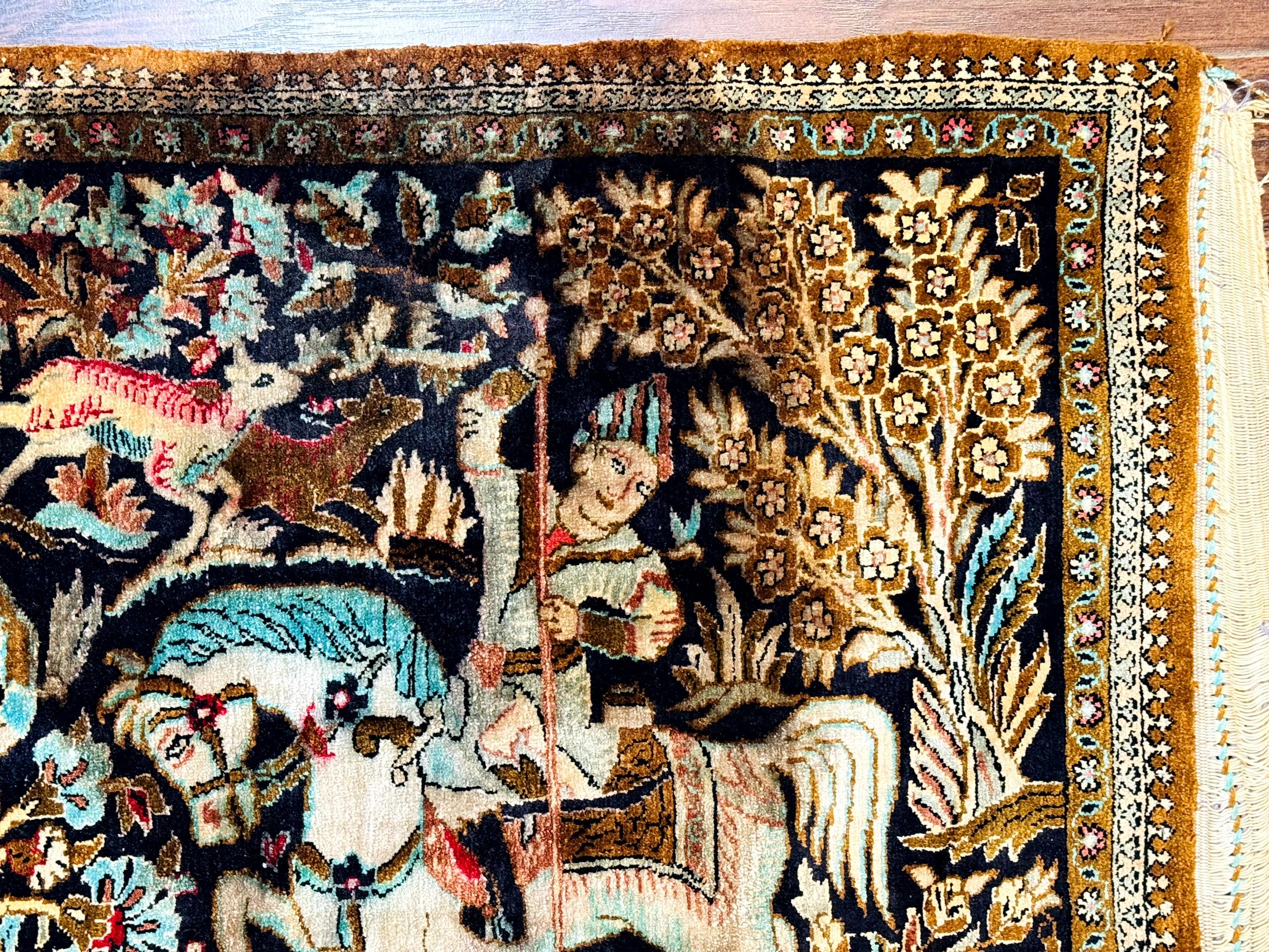 Persian Silk Qum Hunting Design Rug 2x3, Hunting Pattern, Horsemen, Silk on Silk, 330 KPSI - Jewel Rugs