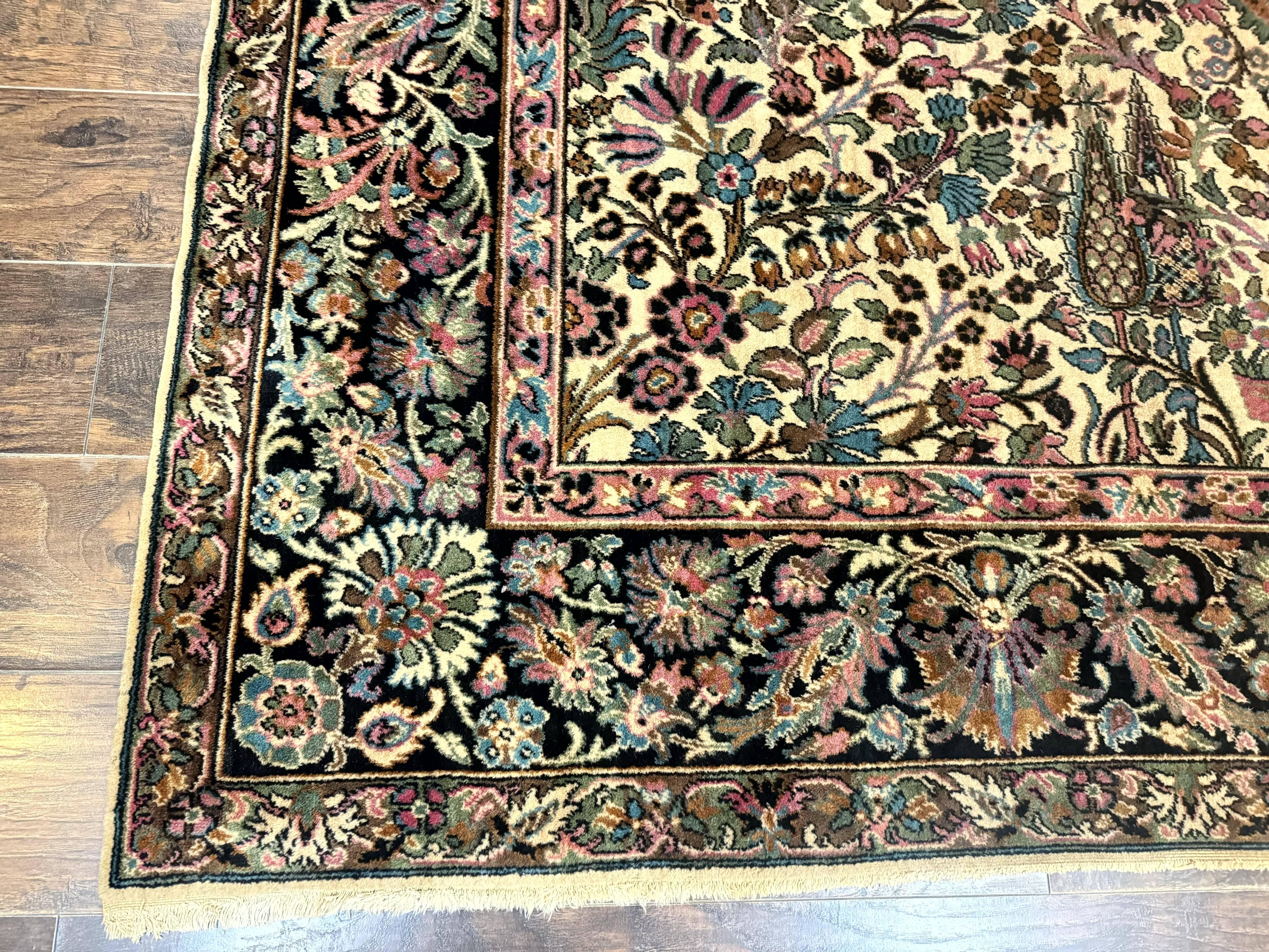 Persian Rug 9x12, Vintage Belgium Power Loomed Rug, Kirman Design, Cream and Navy Blue, Floral Allover Pattern, Wool, Cedar Trees, Gulistan - Jewel Rugs