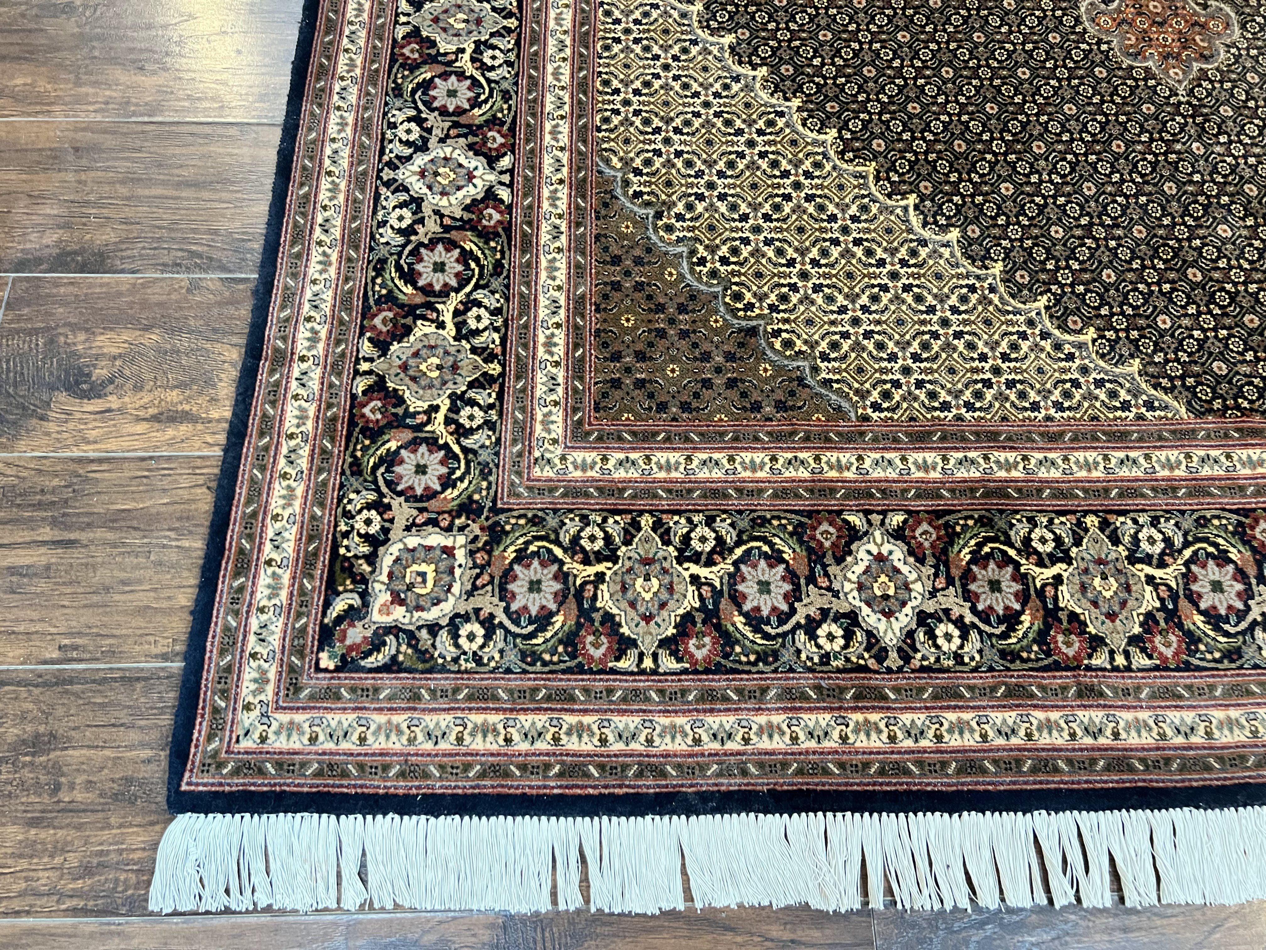Persian Tabriz Rug 7x10, Very Fine 330 KPSI 50 Raj, Black and Beige, Handmade Wool Vintage Persian Carpet - Jewel Rugs